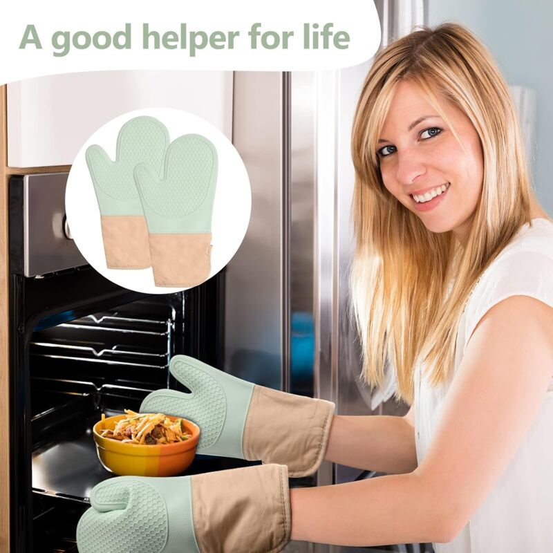 Gants De Cuisine En Silicone Avec Maniques - Anti-chaleur 260°C - Antidérapants Et Lavables - Pour Four, Poêles, Barbecue - 1 Paire + 2 Maniques