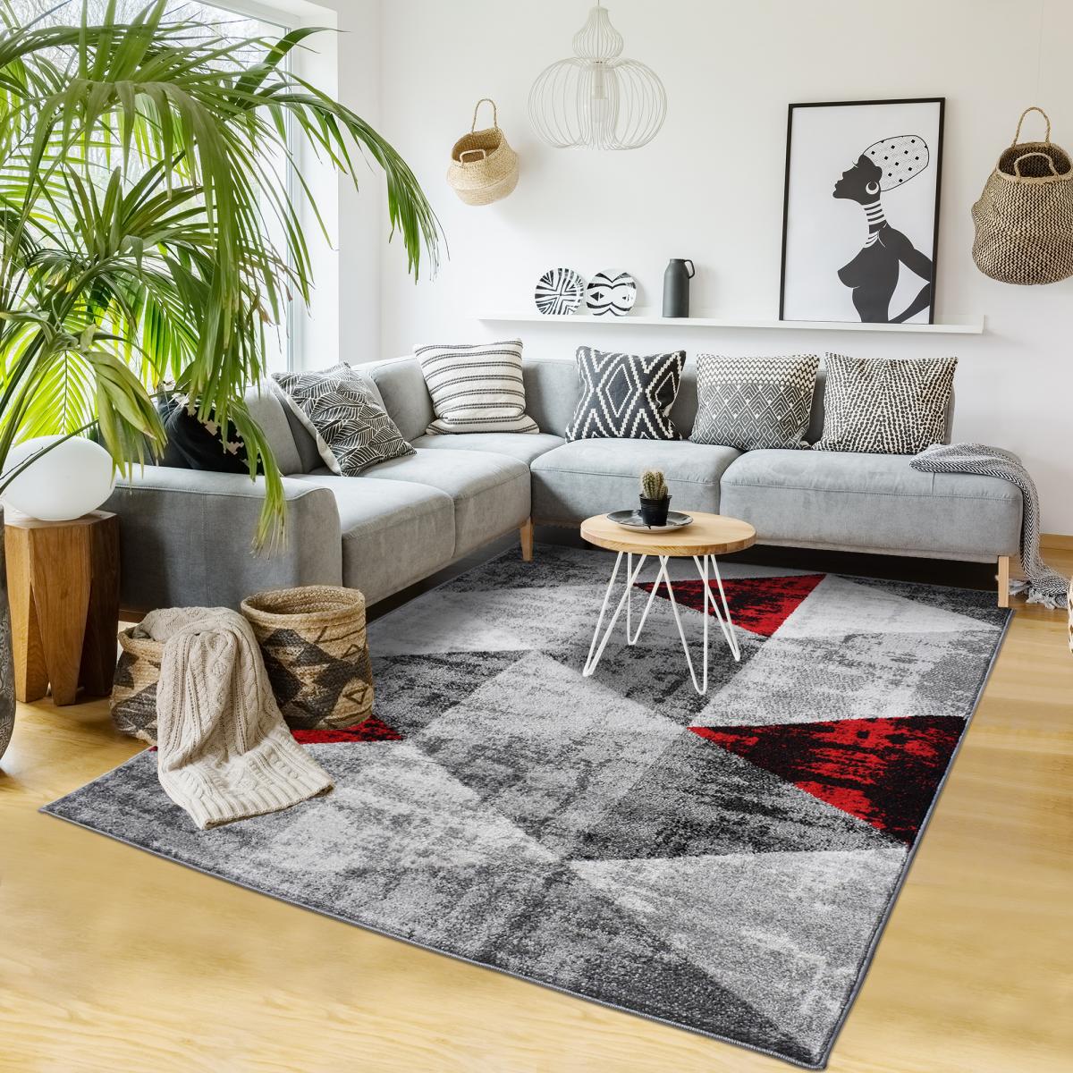 tapis salon 200x280 tissé rouge et gris rectangle motif géométrique SOLTAM - 5