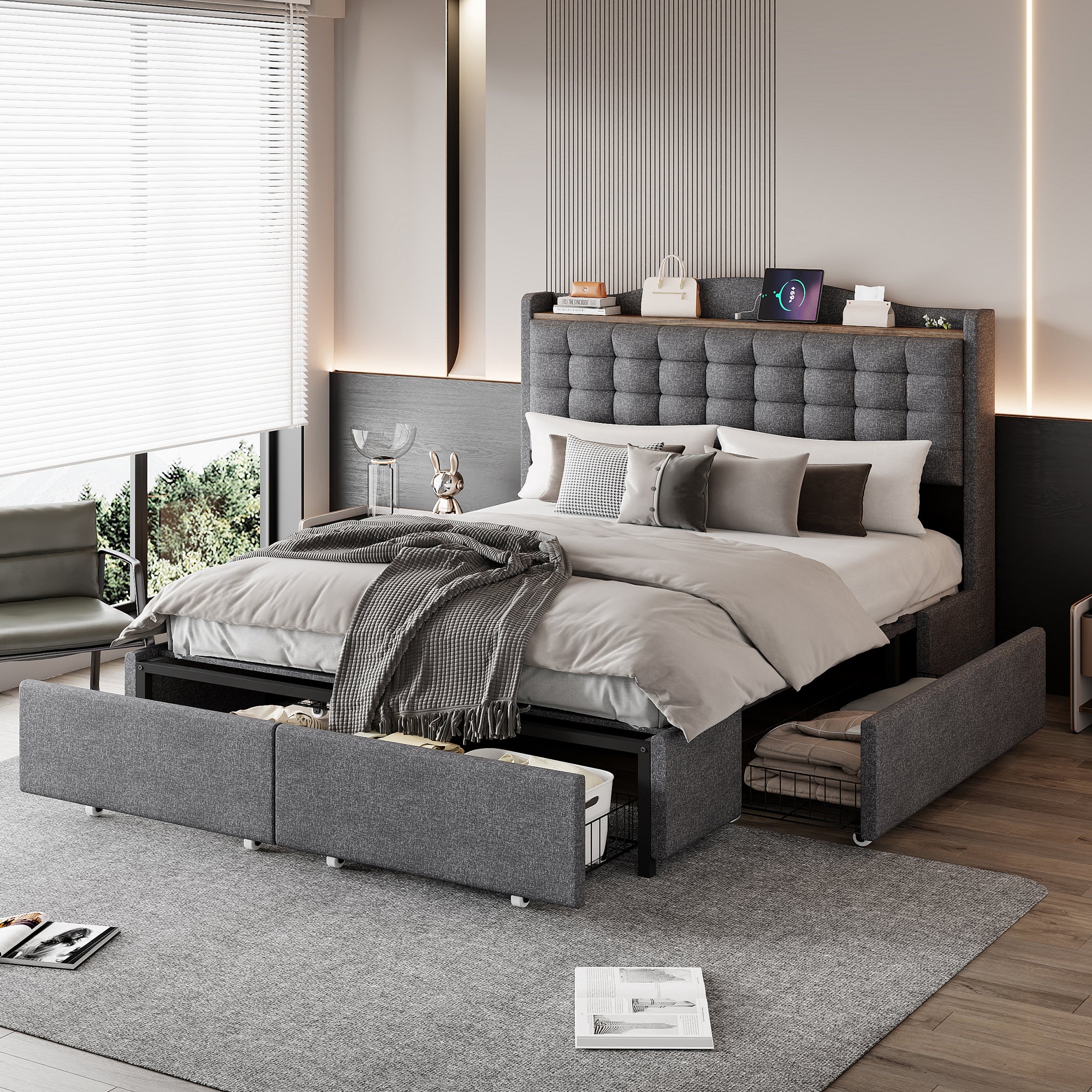 Łóżko tapicerowane 140 x 200 cm z 4 szufladami - Tkanina lniana - Z portami USB i schowkiem - Szare (Bez materaca)