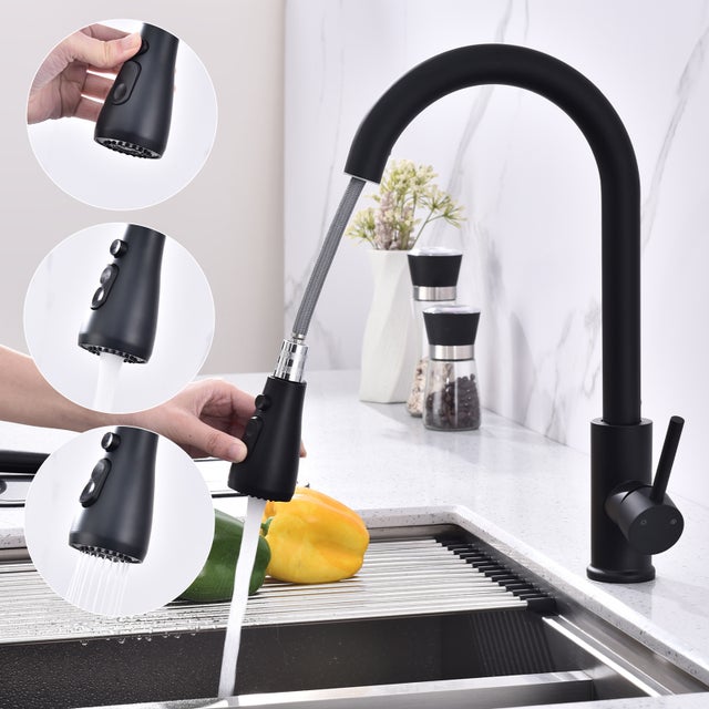 Robinet de Cuisine Noir avec Douchette Extractible Mitigeur d'évier pour Cuisine Rotatif à 360° avec 3 Modes Mitigeur de Cuisine en Acier Inox