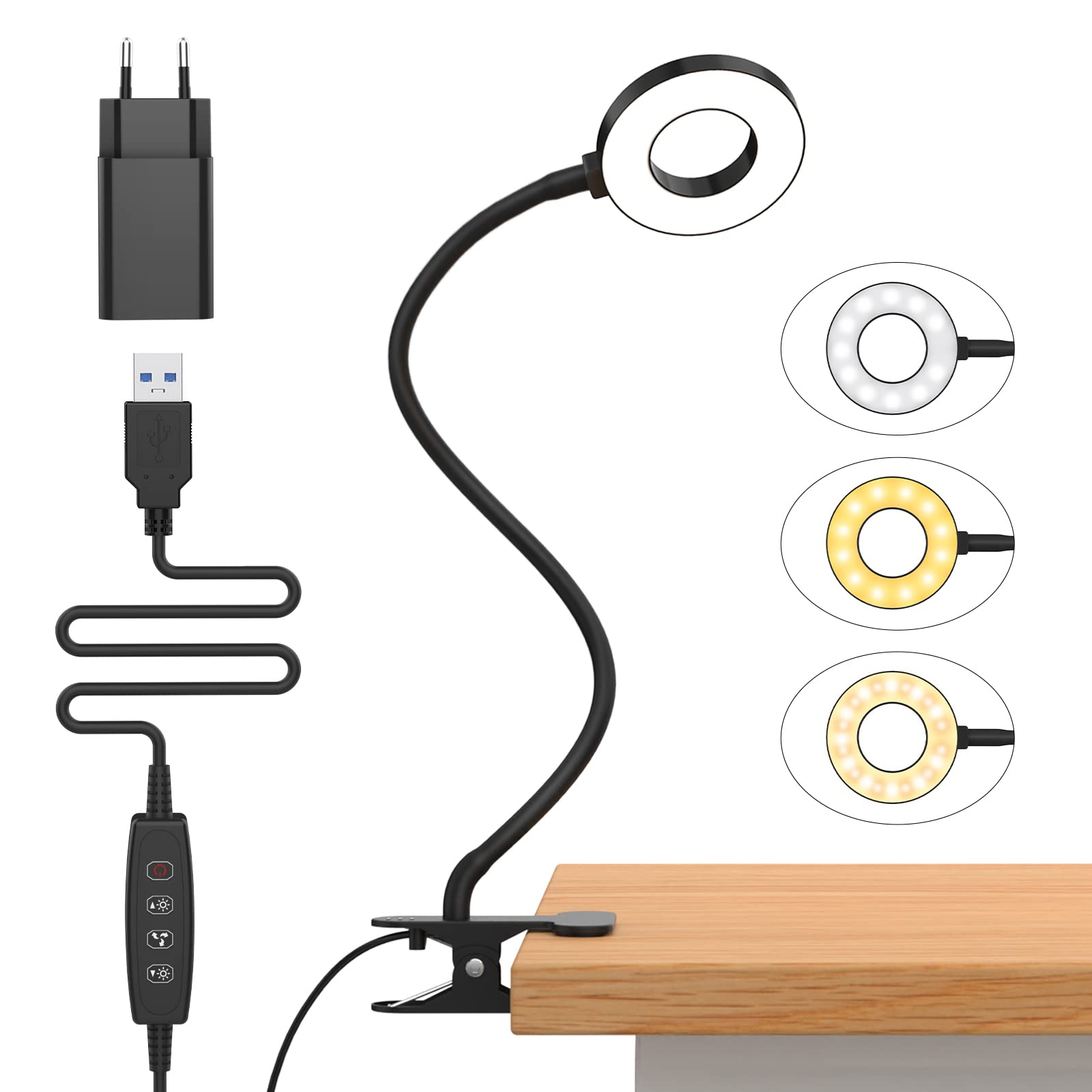 Lampka biurkowa z klipsem USB 10W, 3 tryby, 10 poziomów jasności, elastyczna 360°, 40 cm, do przypięcia w domu lub biurze