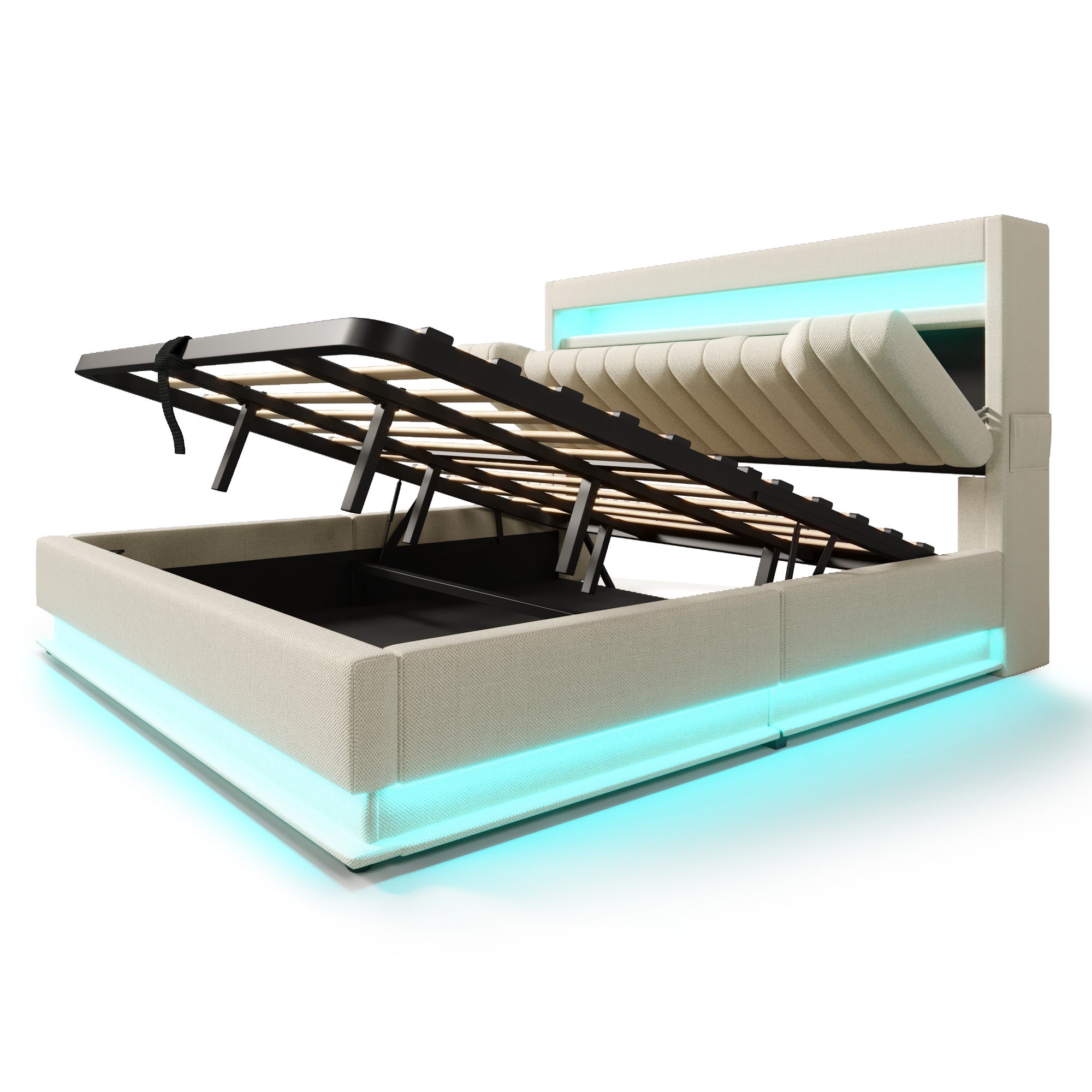 Cama canapé tapizada 140x200cm - con LED - con puertos USB y Tipo C - Tejido de lino - Cabecero con espacio de almacenaje - Beige - 6
