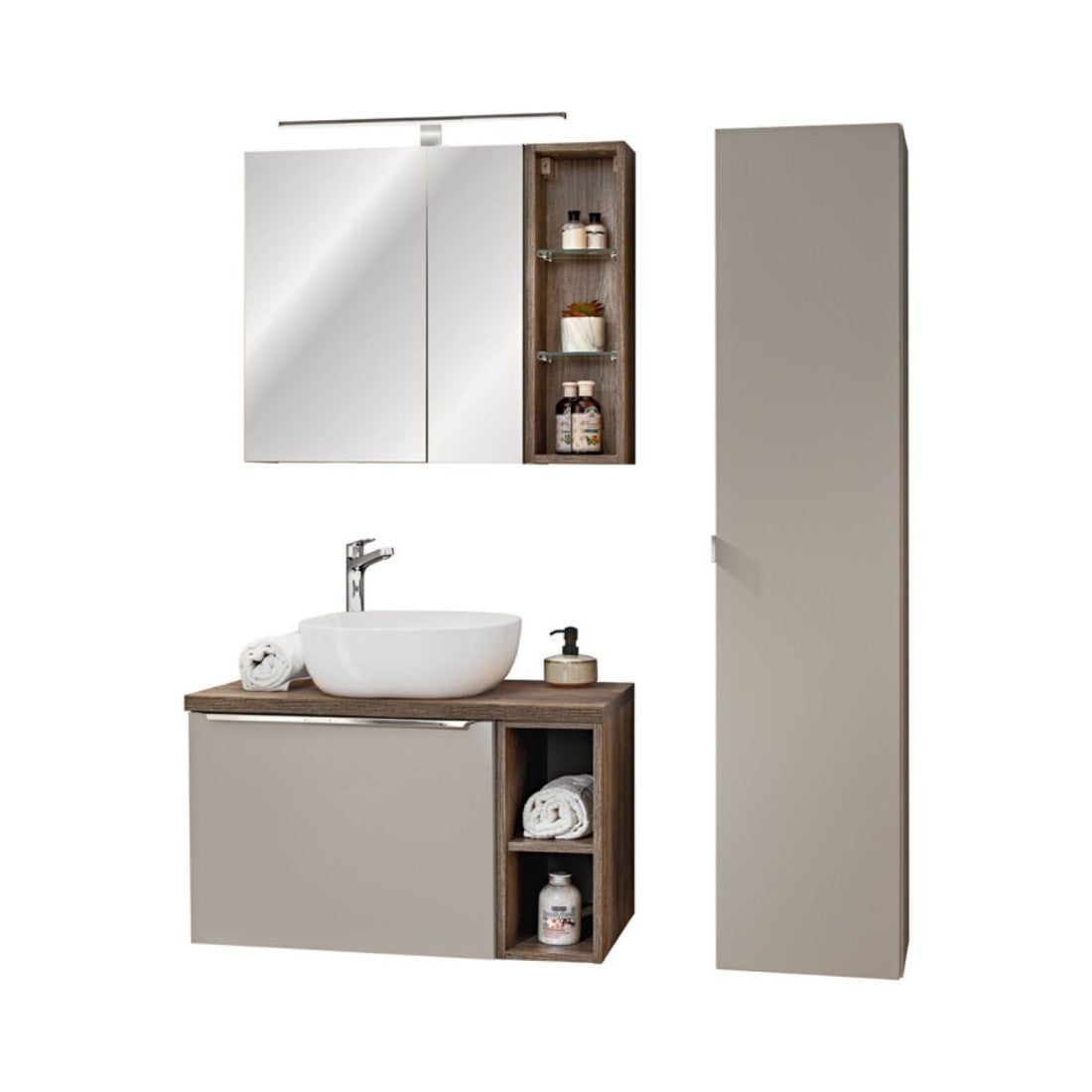 Conjunto vanta taupe: muebles bajo lavabo de 80cm + lavabo sobre encimera + muebles de almacenamiento + espejos + led