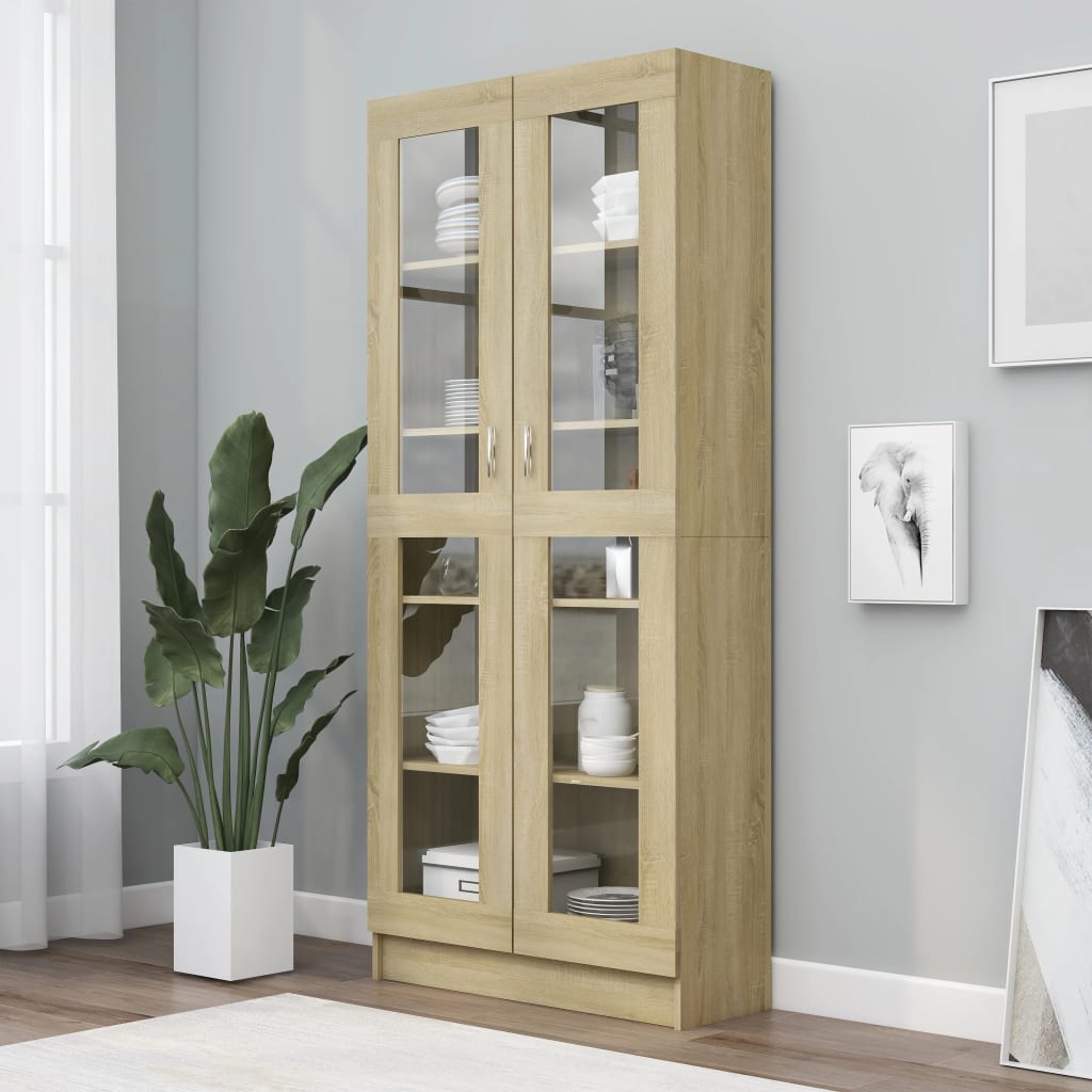 Mobile Vetrina Con Ante In Vetro E 5 Scomparti: Scaffale Libreria In Legno Multistrato, Colore Rovere Fumo, 82x30x185 Cm