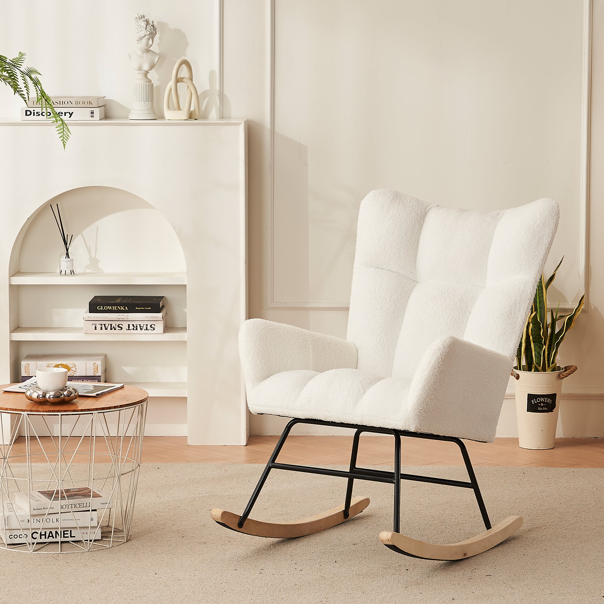 Fauteuil à Bascule Moderne, Rocking Chair avec Dossier Haut et Cadre en Métal, en Tissu Teddy Blanc - Pour Salon/Chambre - 5
