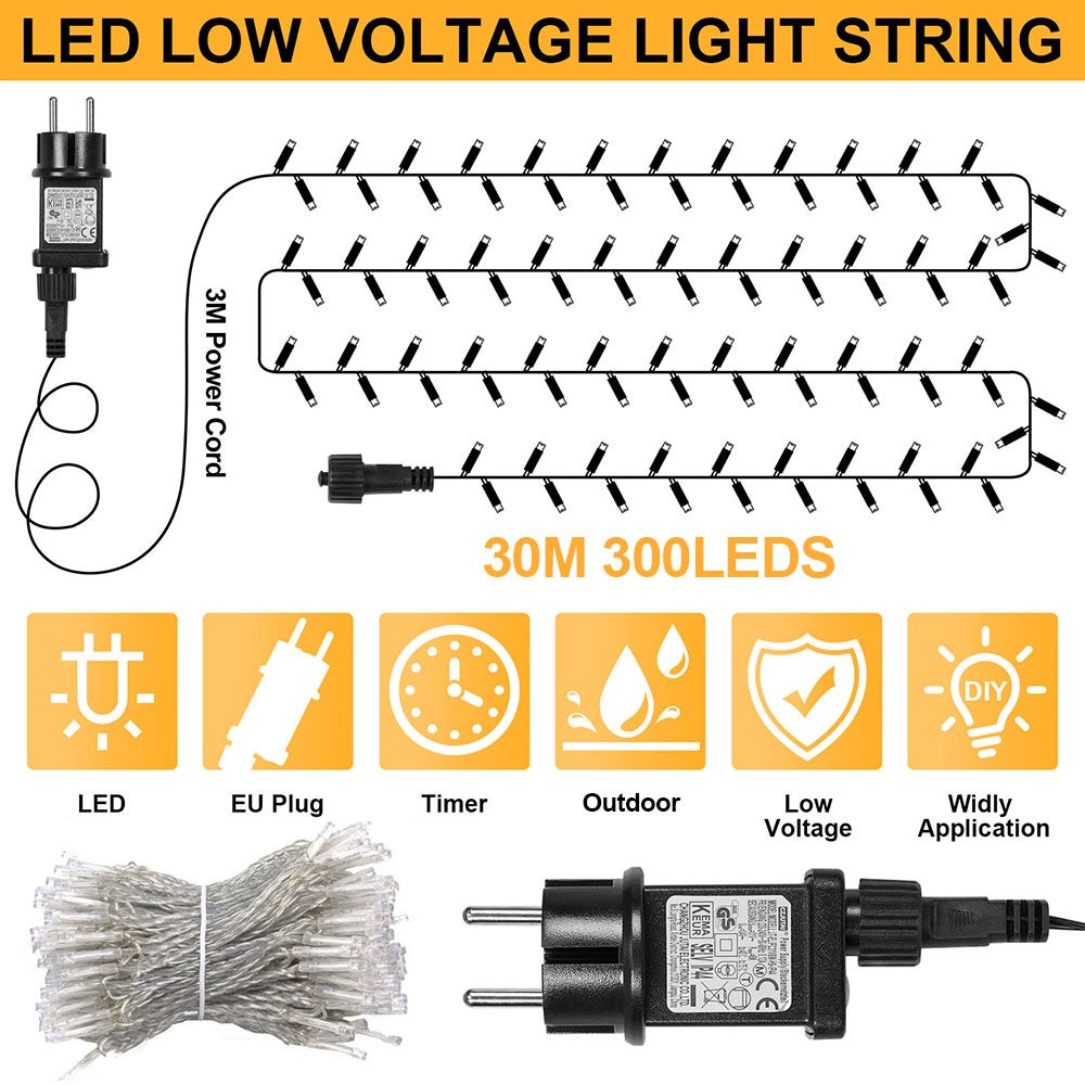30 m 300 LED Łańcuch świetlny, LED Światło Łańcuch Świąteczny Ciepła biel Na zewnątrz Girlanda świetlna Wodoodporna z 8 trybami Dekoracja na imprezy - 2
