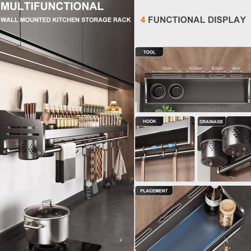 Étagère murale multifonctionnelle en acier inoxydable pour cuisines, en acier au carbone, pour 50 tasses doubles - 5