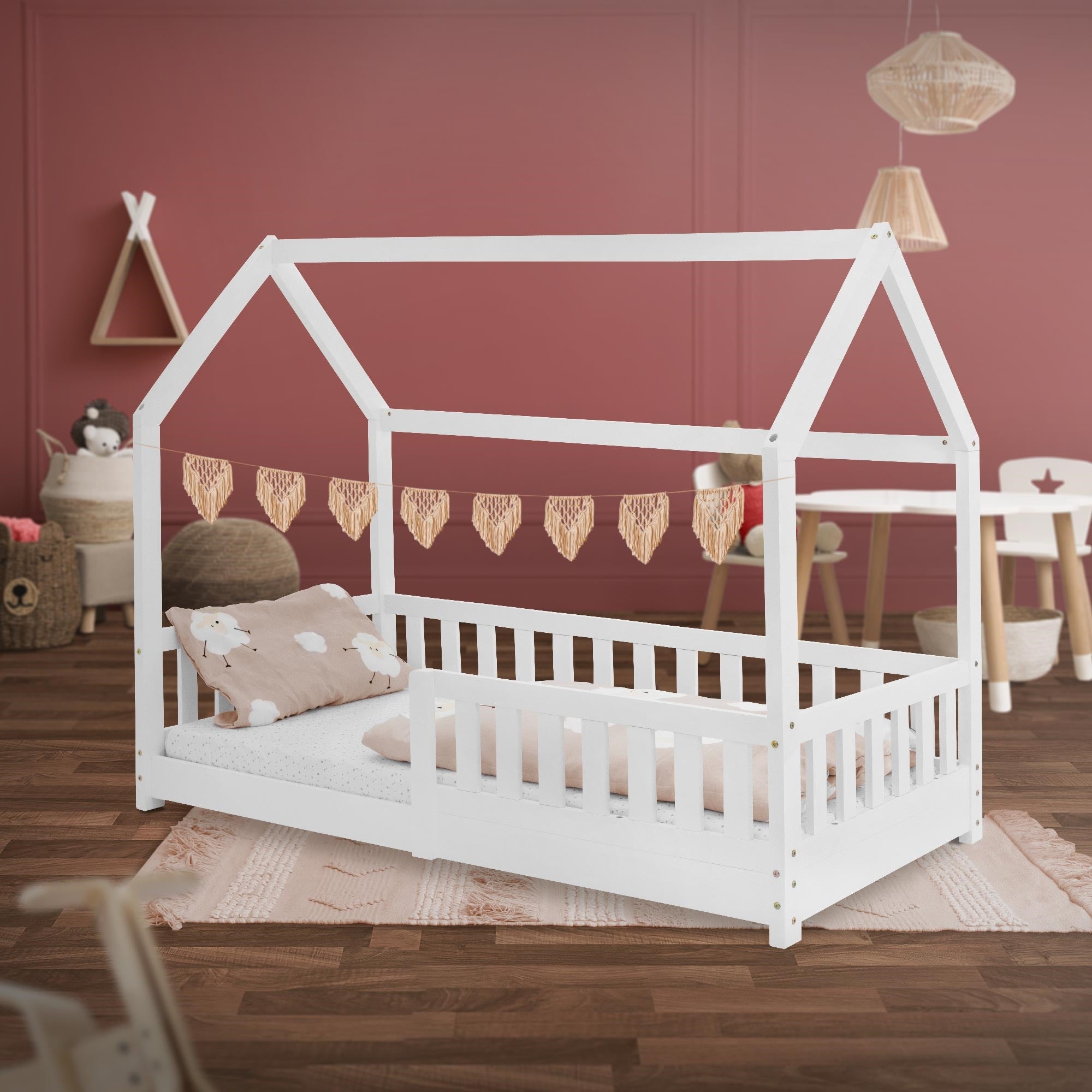 ML-Design łóżko dziecięce domek 80x160 cm biały z barierką dachem i stelażem listwowym z litego drewna sosnowego dla dziewczynek i chłopców - 5