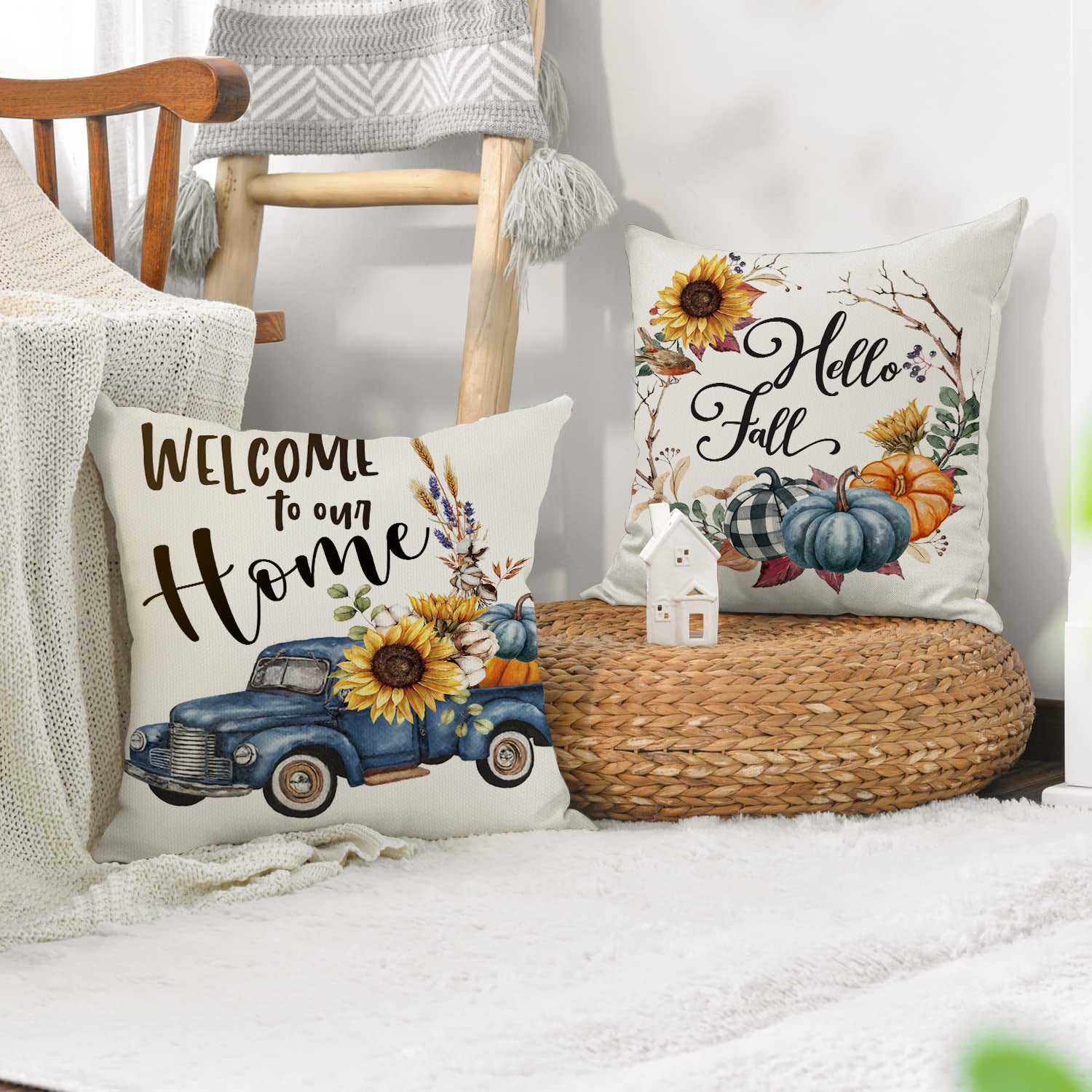 Lot de 4 housses de coussin décoratives motif citrouille 45 x 45 cm, pour canapé, salon, chambre, jardin, décoration d'intérieur - 3