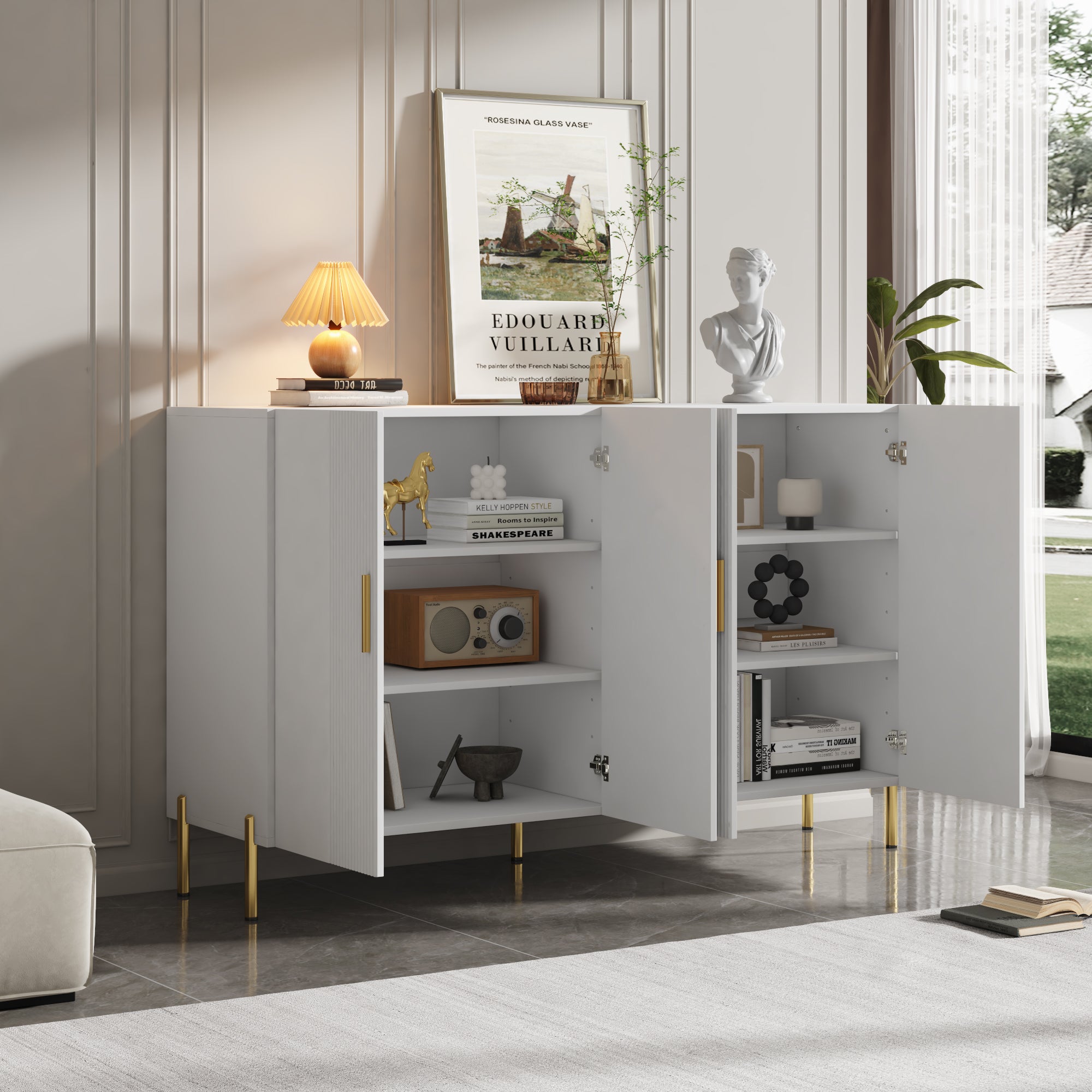 Buffet moderne avec 4 portes - 160 x 36.5 x 100 cm - Panneaux de particules - pour salle à manger - Blanc - 5