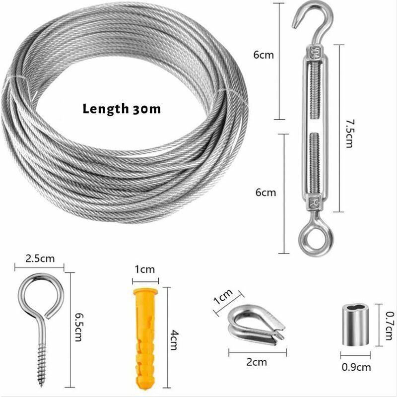 Câble en acier inoxydable 304 de 30 m - Kit de suspension - Pour applications extérieures : cordes de tente, clôtures de jardin - 2