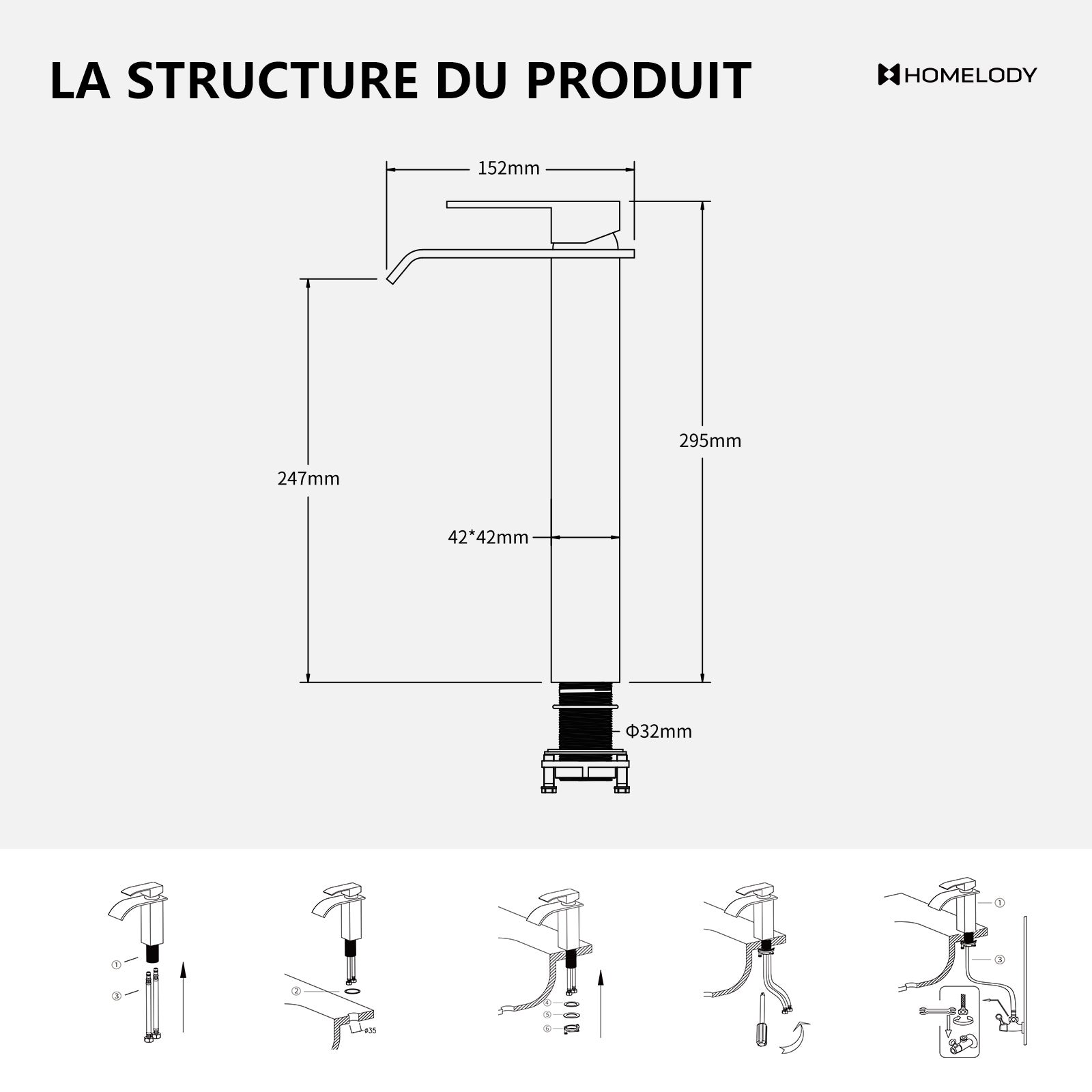 Mitigeur de Lavabo Cascade Bec Haut Noir – Robinet Salle de Bain en Acier Inox SUS304, Eau Chaude/Froide, Design Moderne à Levier Unique - 7