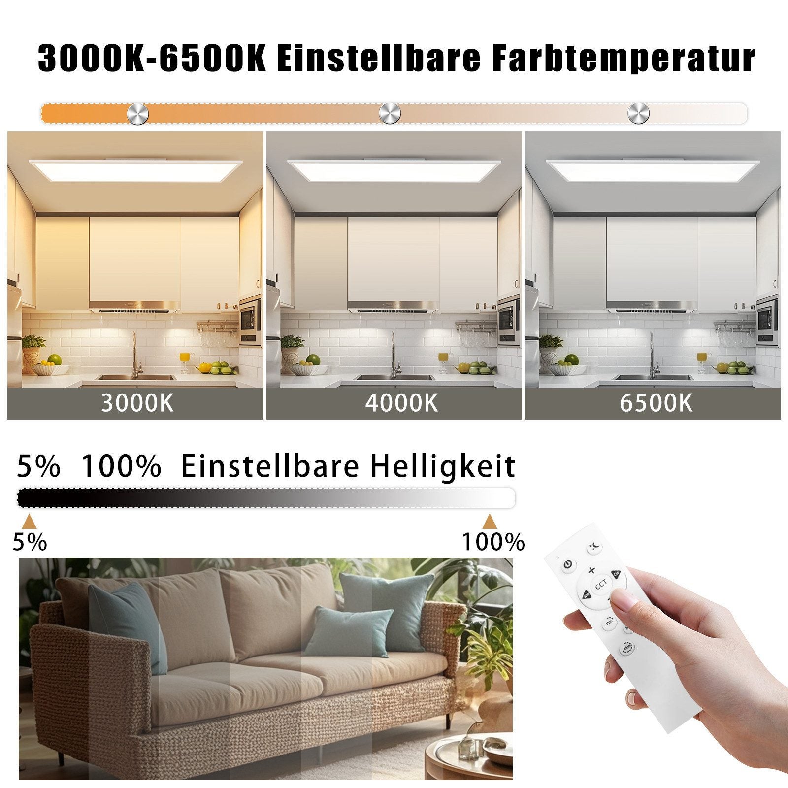 NETTLIFE Plafonnier LED dimmable 100x25 cm panneau de plafond plat long avec télécommande grand blanc 24W - 2