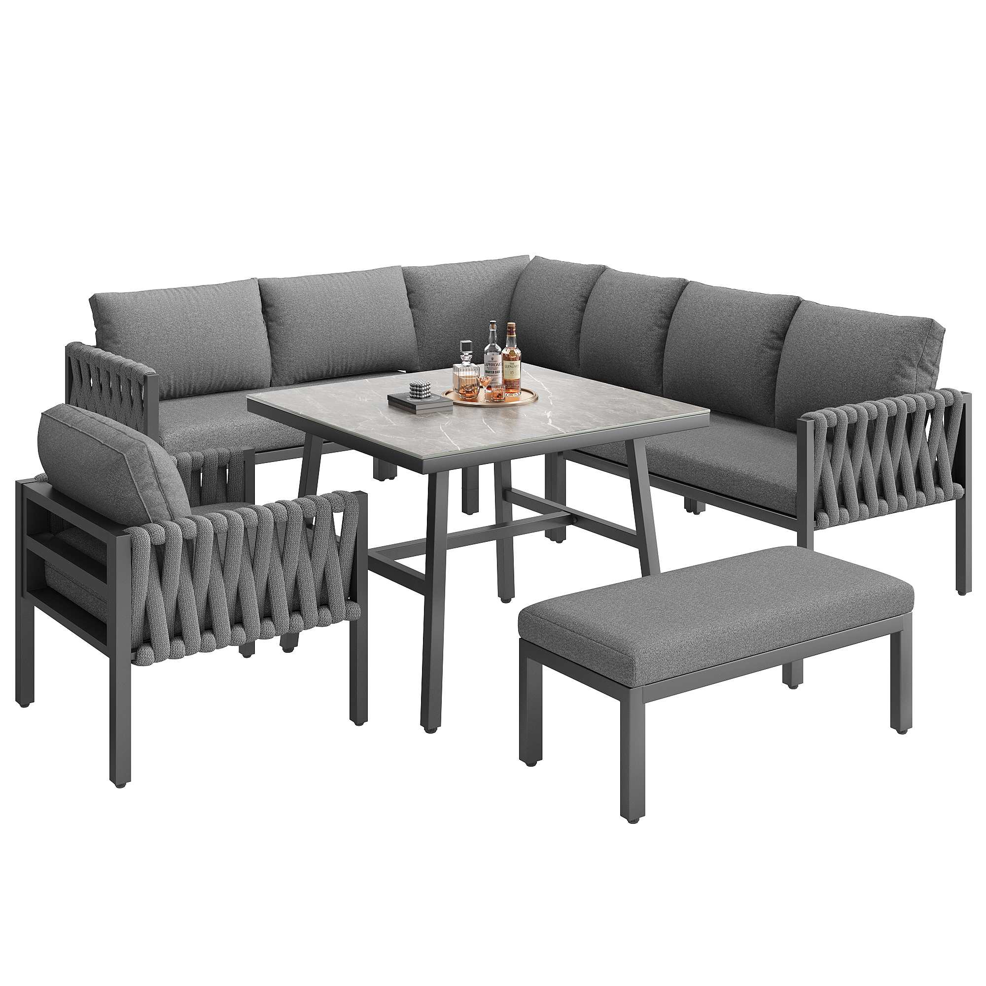 Conjunto de muebles de jardín moderno con estructura de hierro galvanizado, patas ajustables, sofá esquinero, mesa con vidrio templado - 7