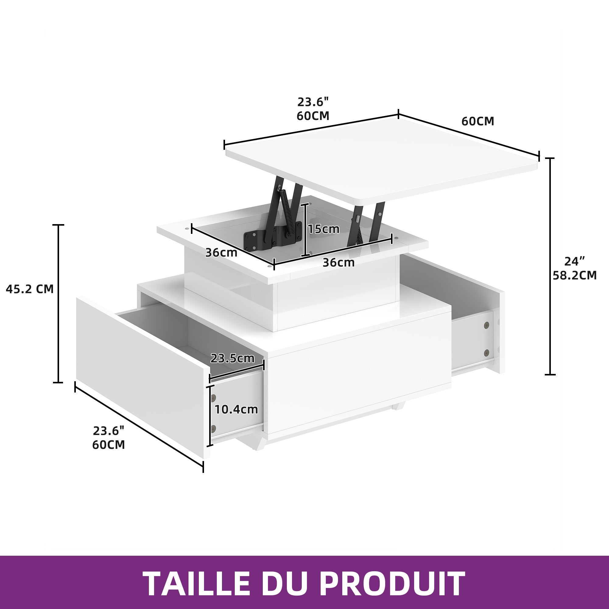 Balconera Table basse avec plateau relevable, 60 x 60 x 45 cm, finition laquée brillante, guirlande lumineuse LED et 2 tiroirs - 2