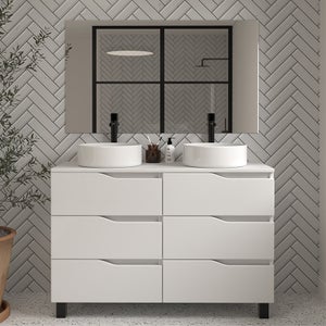 Meuble de salle de bain 120 avec plateau et 2 vasques à poser - 6 tiroirs - blanc - MATA