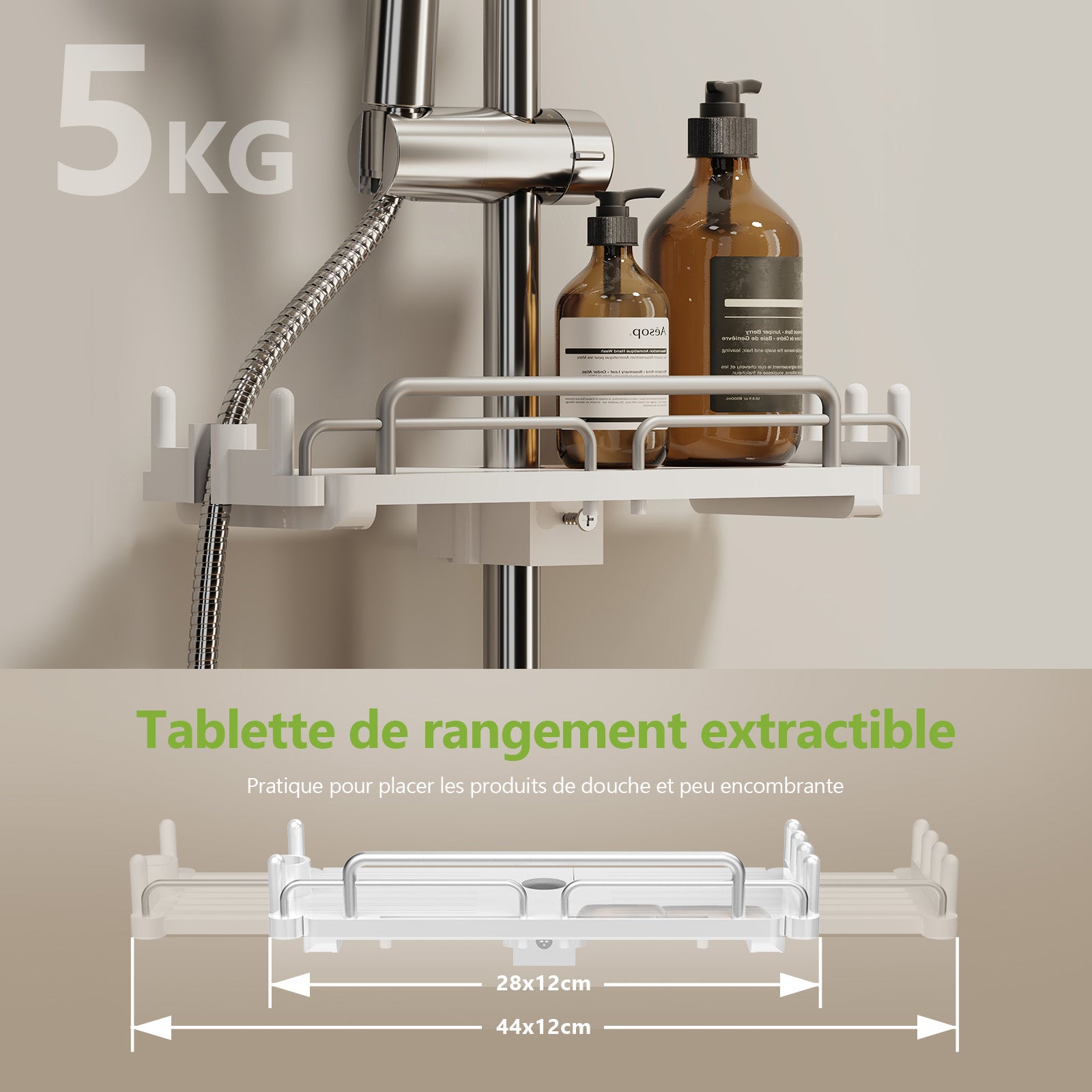Colonne de Douche sans Mitigeur – Ensemble Complet avec Douchette, Tête Pluie 3 Jets et Tablette Rétractable – Chrome – Design Moderne - 5