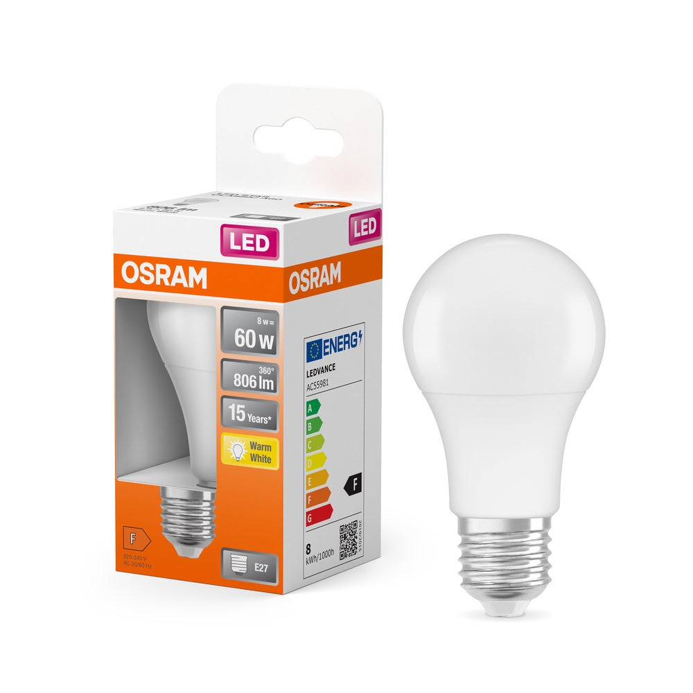 OSRAM Ampoule LED - E27 - Warm White - 2700 K - 8,50 W - remplacement pour 60-W-Incandescent bulb - givré - LED STAR CLASSIC A - 4