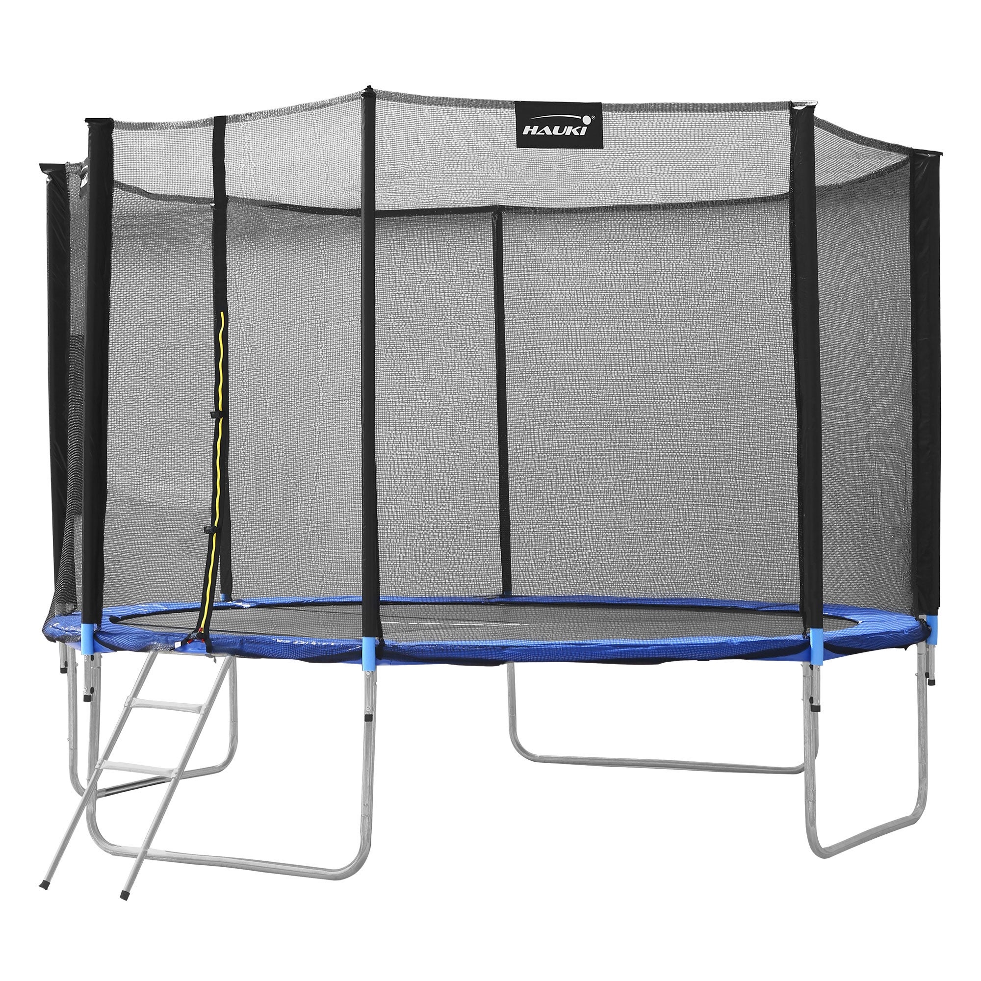 Trampolina zewnetrzna Hauki, Ø427 cm, niebieska, test GS, okragla trampolina ogrodowa dla dzieci do 150 kg, kompletny zestaw z siatka zabezpieczajaca,