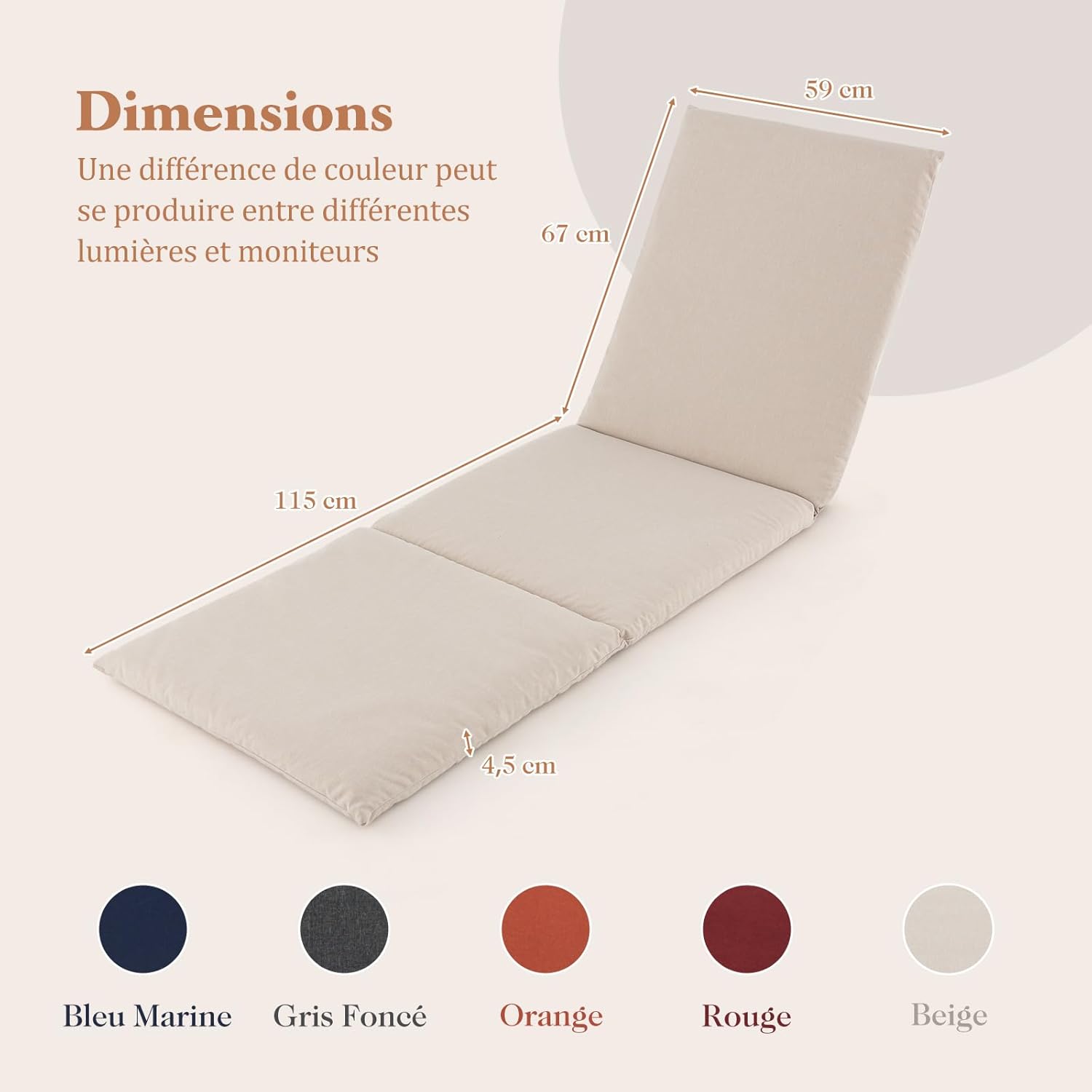 Coussin Bain de Soleil, Coussin Épais pour Chaise Longue d'Extérieur, Matelas Pliable pour Transat Extérieur, 182 x 59 x 4,5 cm (Beige,1) - 4