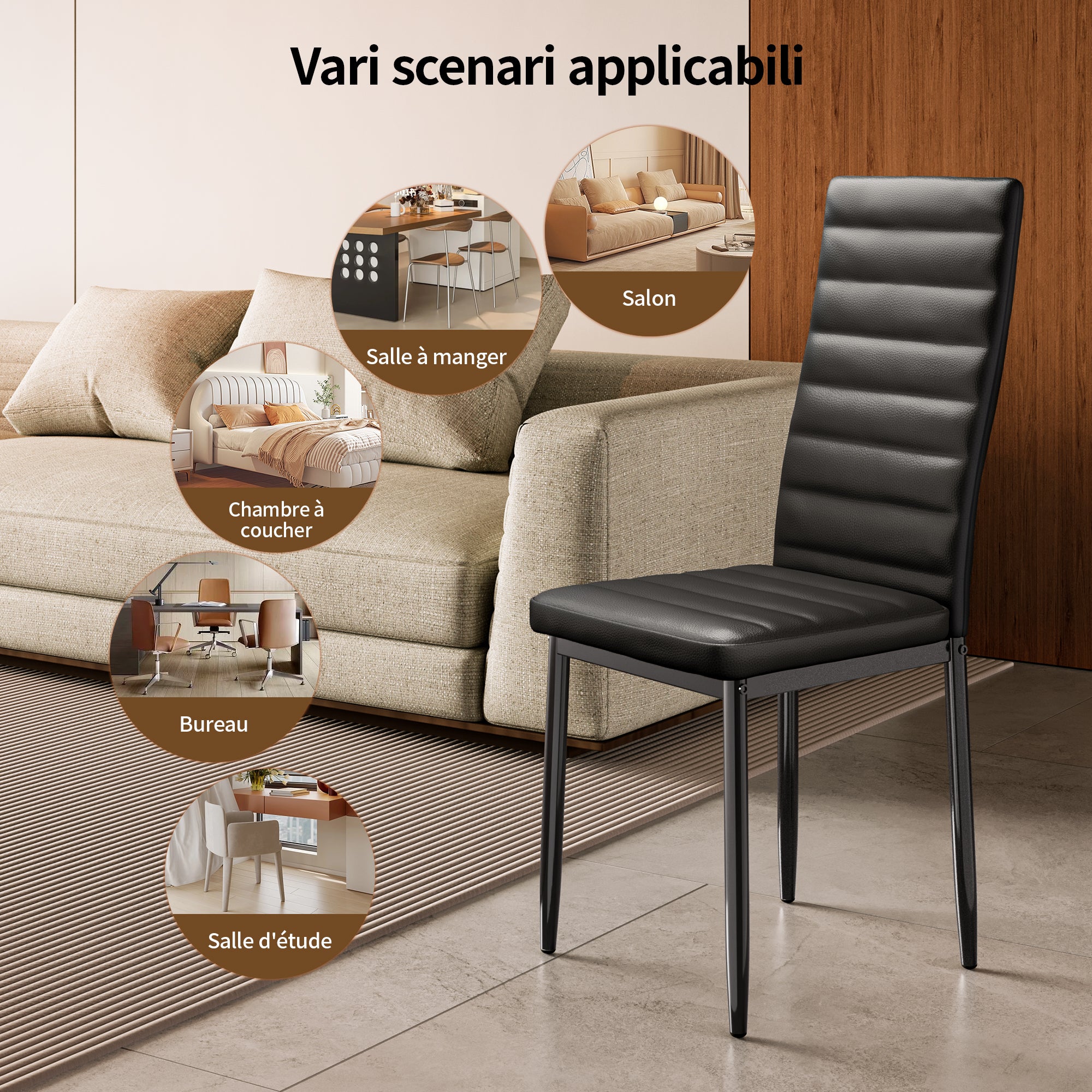 Set di 6 Sedie da Pranzo Moderne con Rivestimento in Pelle PU, Struttura Metallo e Piedini con Gomma Antiscivolo - Nero per Interni Bealife - 6