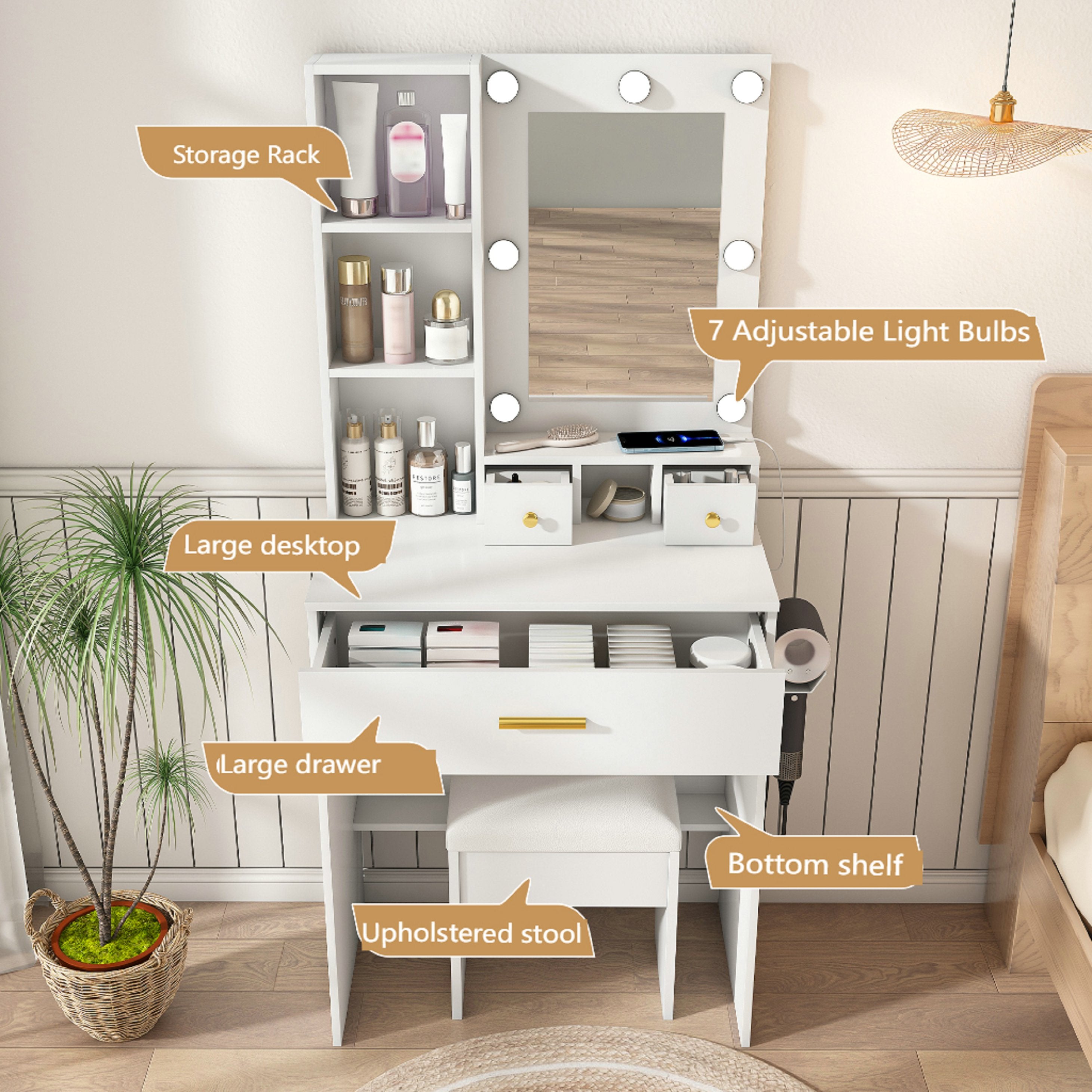Petite Coiffeuse avec Miroir LED Réglable, Prise Intégrée, Support et Tabouret Rembourré - Table avec Tiroirs, Blanc, 60x131.5x38cm - 9