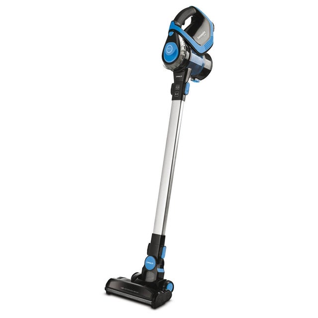 Vassoura elétrica portátil sem saco Polti SR100, preta e azul.