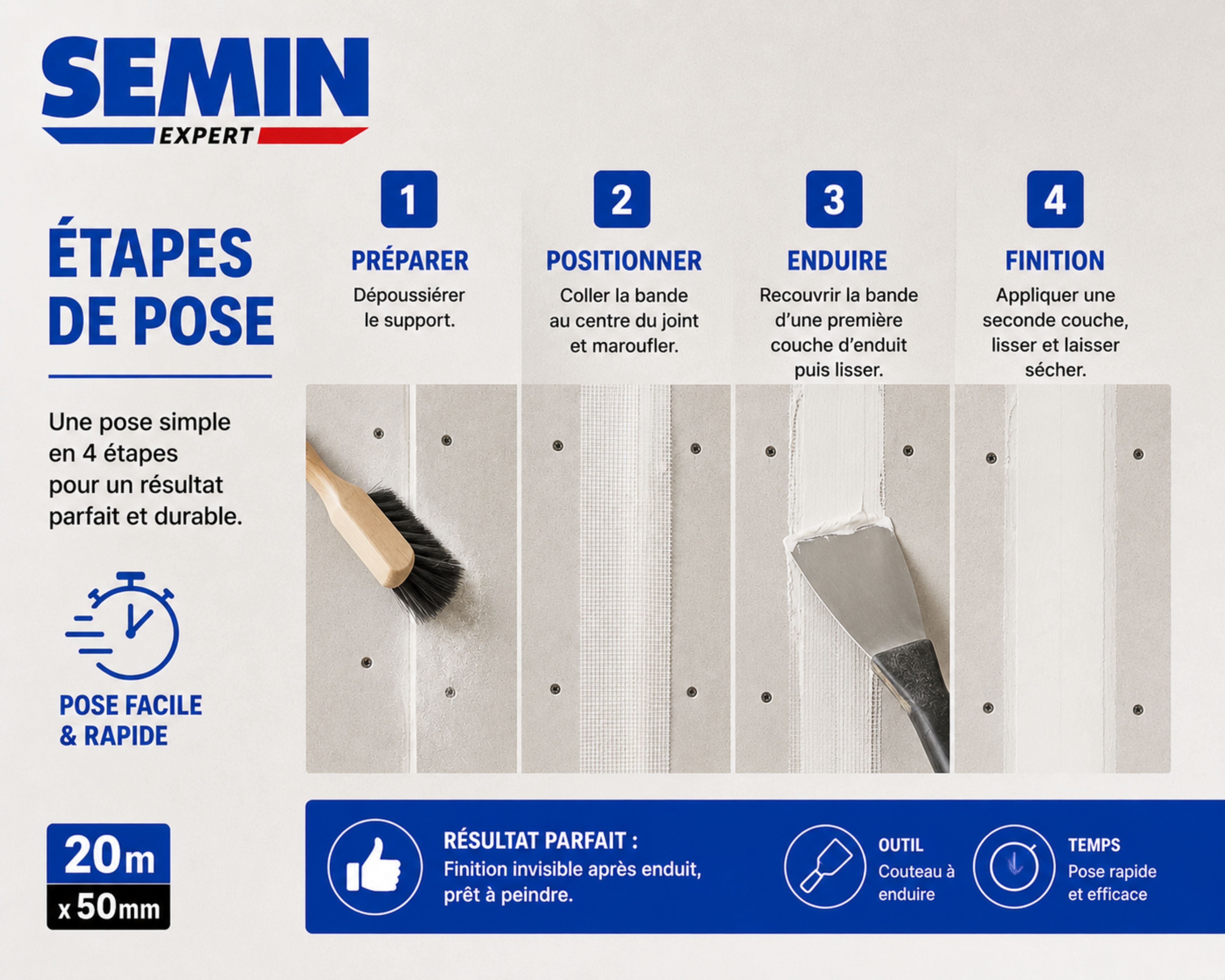 Lot de 3 bandes grillagées adhésives Semin pour réaliser les joints des plaques de plâtre en association avec un enduit - 20 m - 7