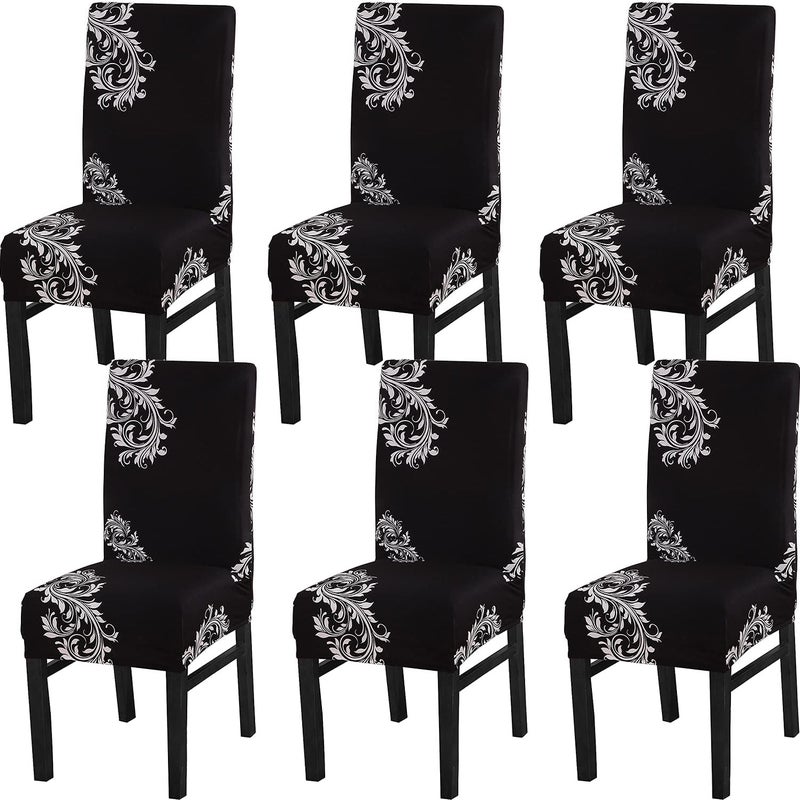 6-pak elastycznych pokrowców na krzesła do jadalni do kuchni i jadalni, wzór z oparciem w kolorze czarnym
