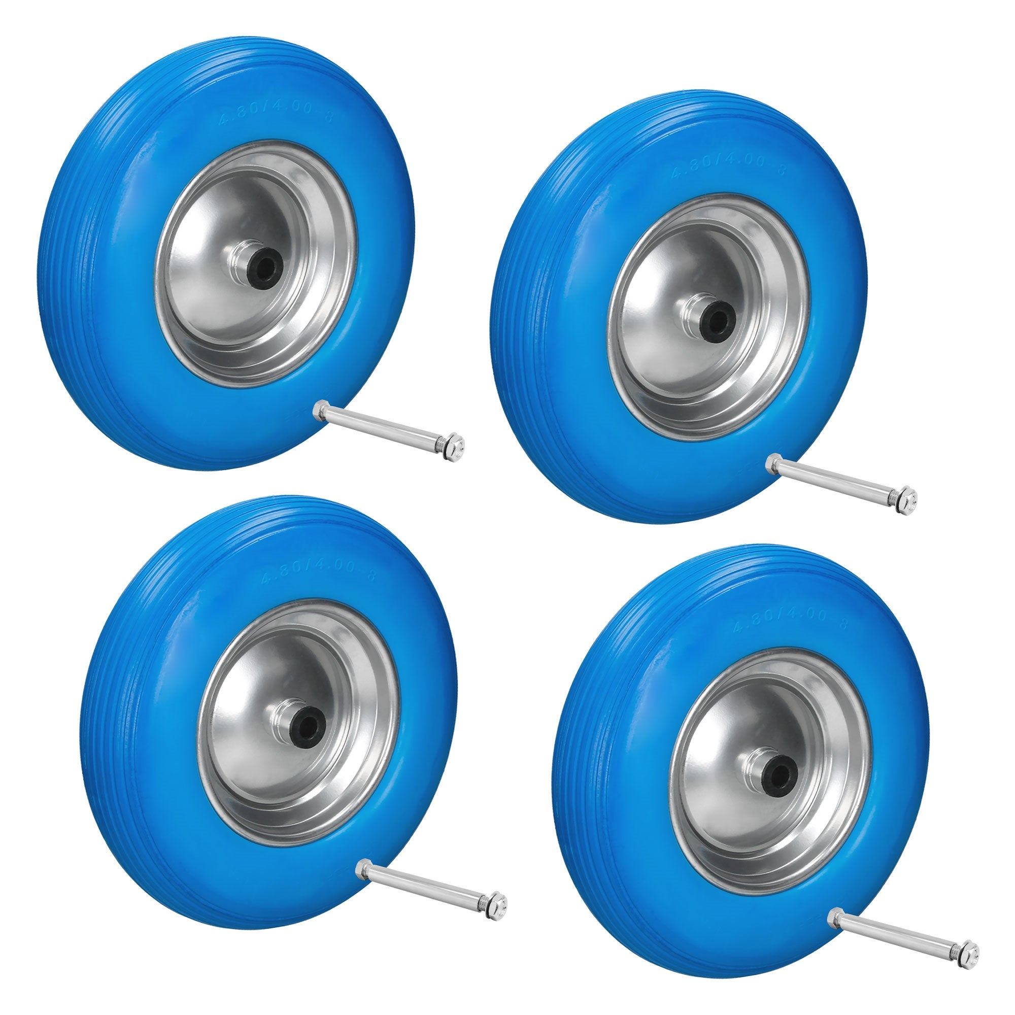 ECD Germany 4 sztuki Kolo do taczki z pelnej gumy PU odpornej na przebicie z osia - Opona z felga stalowa - 4,80/4,00-8 - Srednica 390 mm - Niebieski