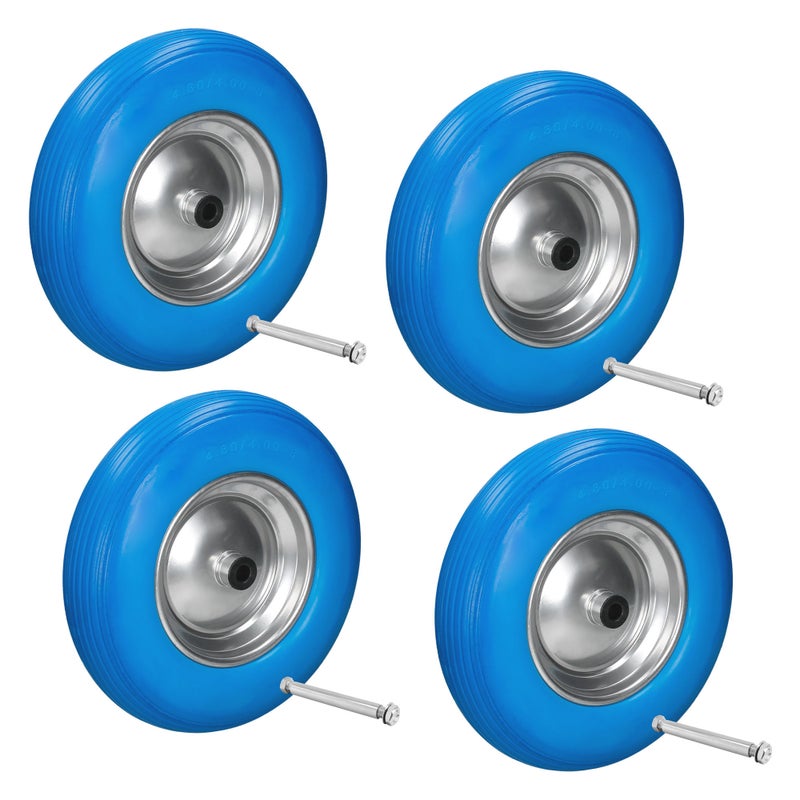 ECD Germany 4 sztuki Kolo do taczki z pelnej gumy PU odpornej na przebicie z osia - Opona z felga stalowa - 4,80/4,00-8 - Srednica 390 mm - Niebieski
