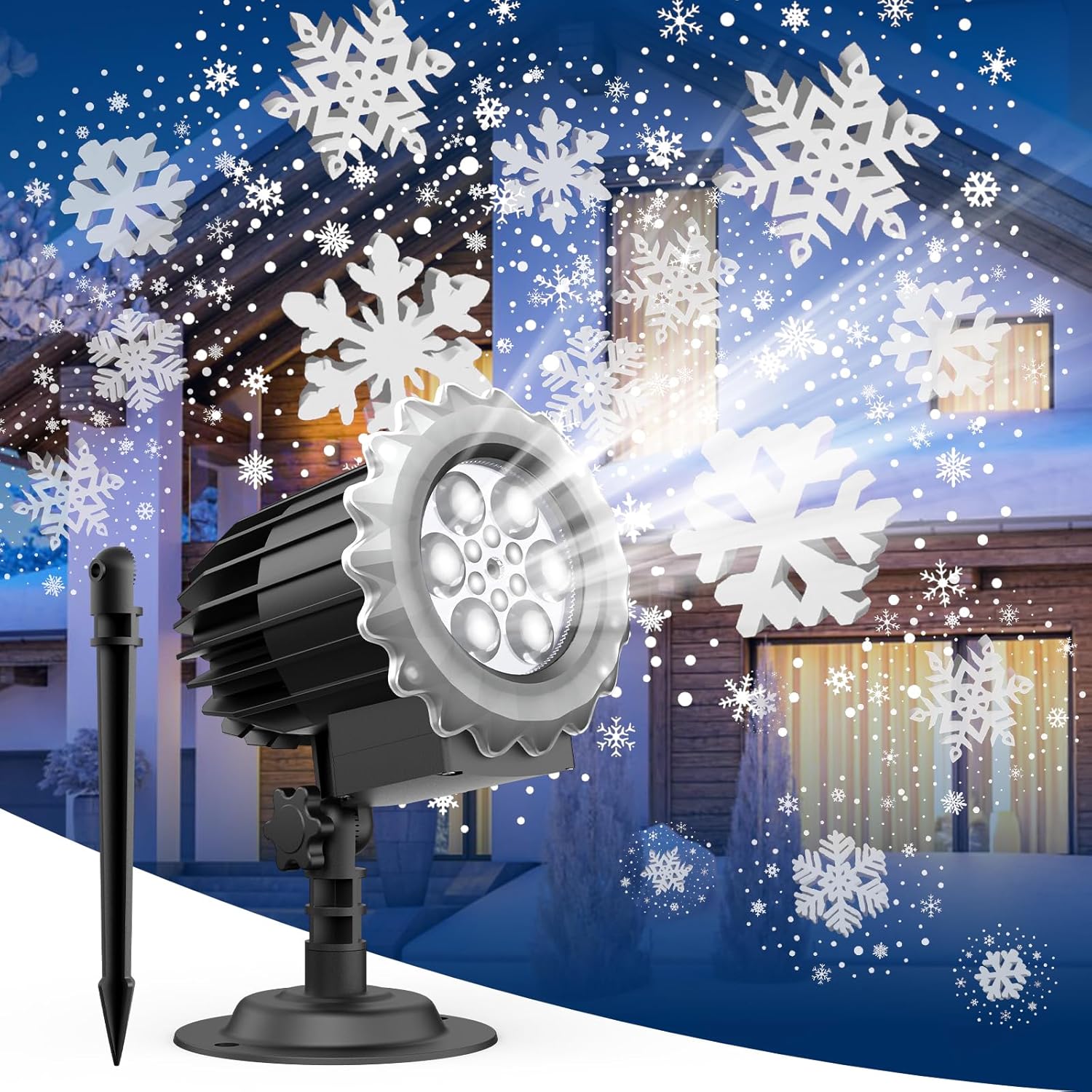 Proiettore LED Per Esterni Con Fiocchi Di Neve. Luce Dinamica Rotante A 170°, Impermeabile IP65. Perfetto Per Decorazioni Natalizie, Halloween O Feste In Giardino. Include Paletto Da Terra E Supporto.
