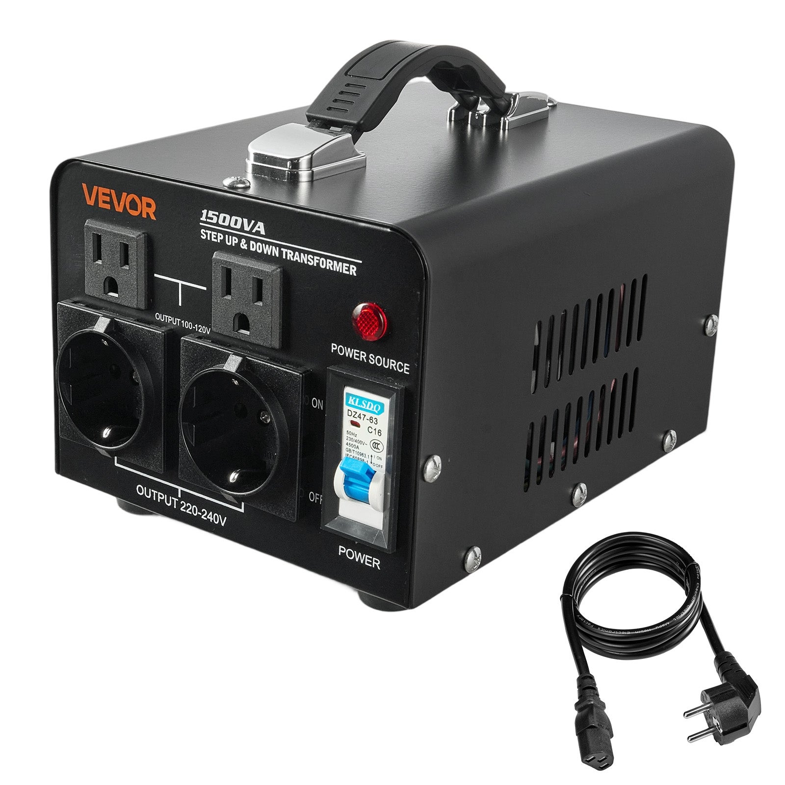 Transformador VEVOR 220V para 110V e 110V para 220V 1500VA com fichas EUA e UE, cabo de alimentação, proteção de disjuntor - 9
