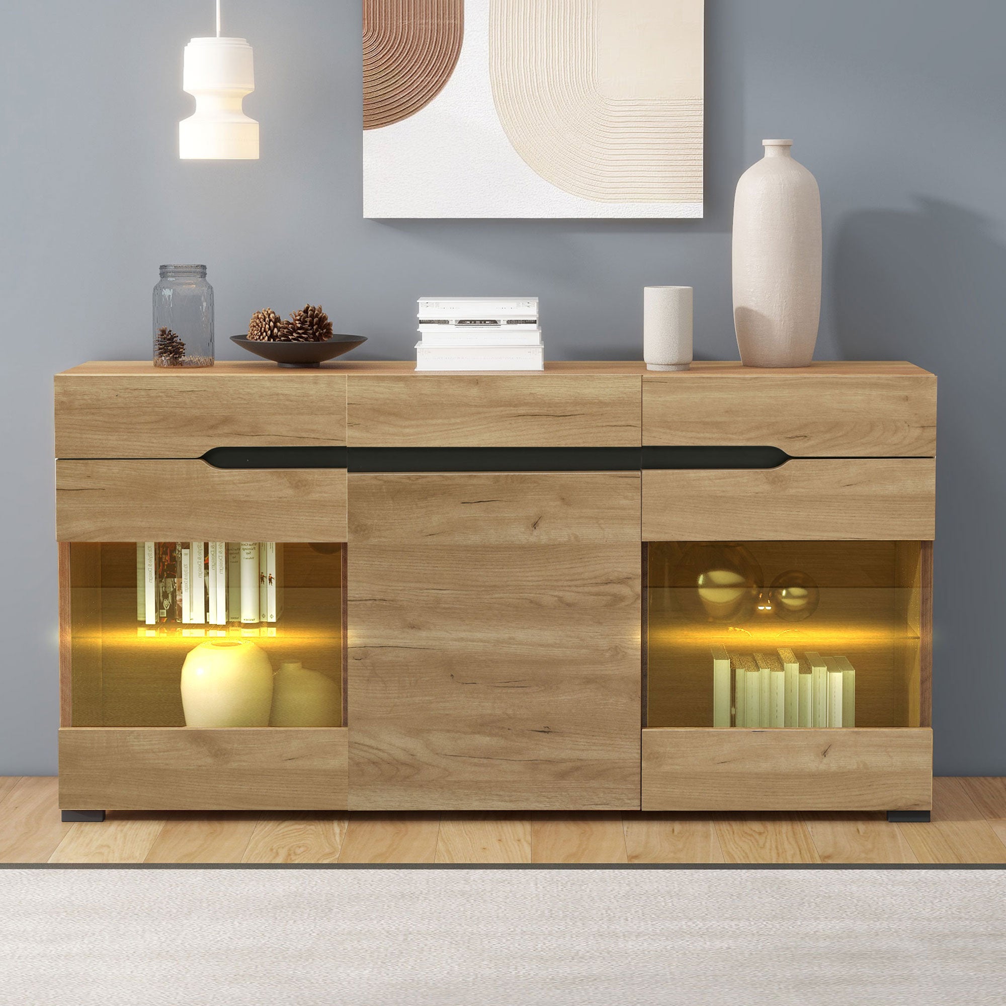 Aparador bajo con LED - 3 puertas y 3 cajones - Natural - 2
