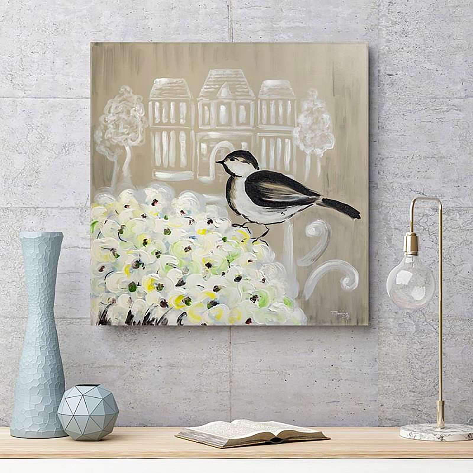 Tableau bois oiseau noir et blanc et des fleurs - 50 x 50 cm - 3