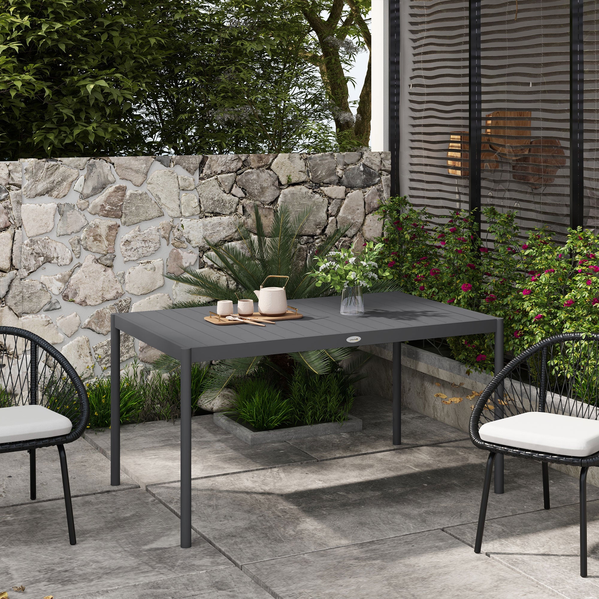 Table de jardin rectangulaire pour 6 personnes en aluminium plateau à lattes dim. 145L x 90l x 74H cm gris - 3