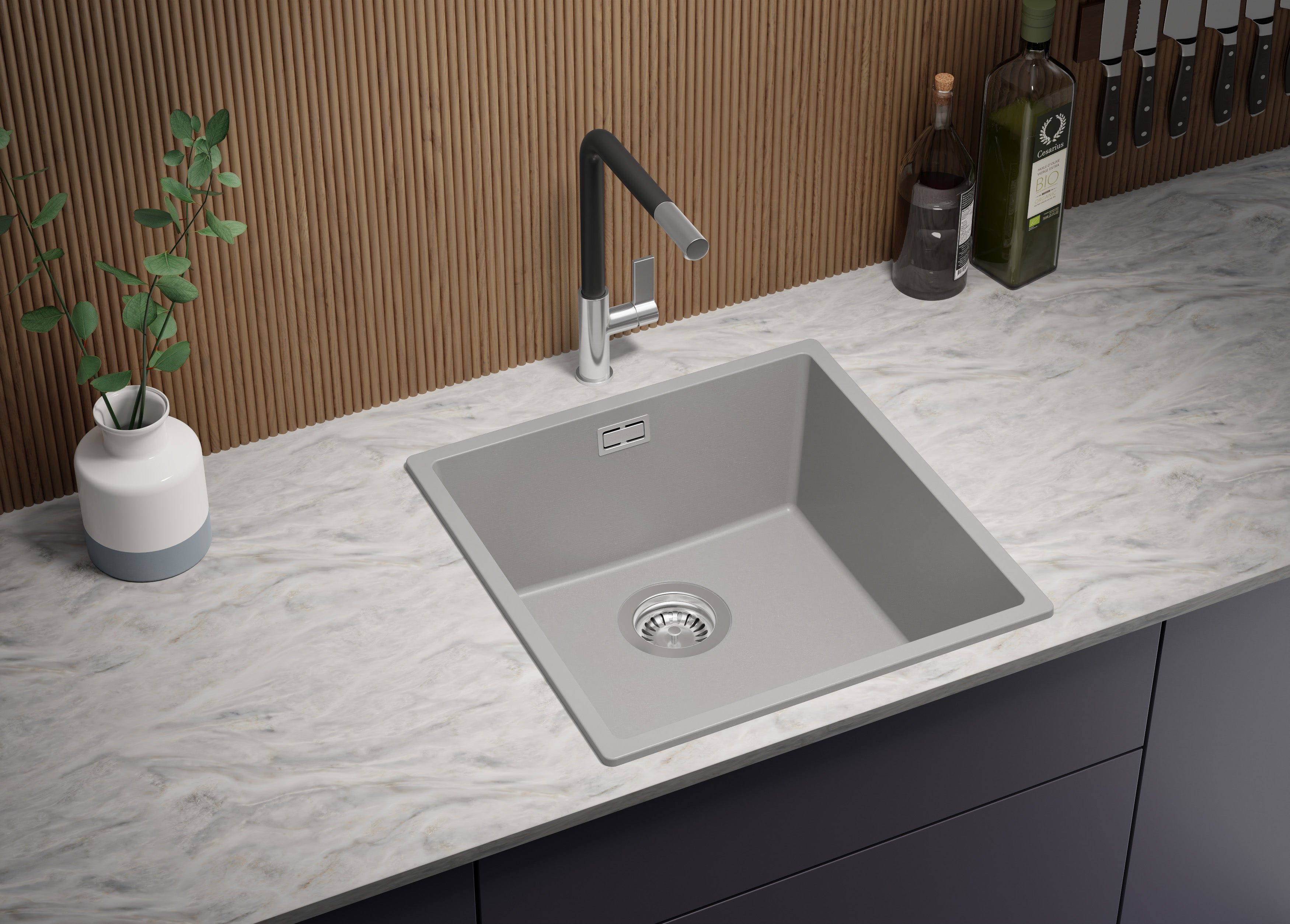 Evier Cuisine en Granit Gris 46x47cm, Lavabo 1 bac + Kit de Vidage, Évier à Encastrer au meuble 50cm - London Slim PRIMAGRAN - 2