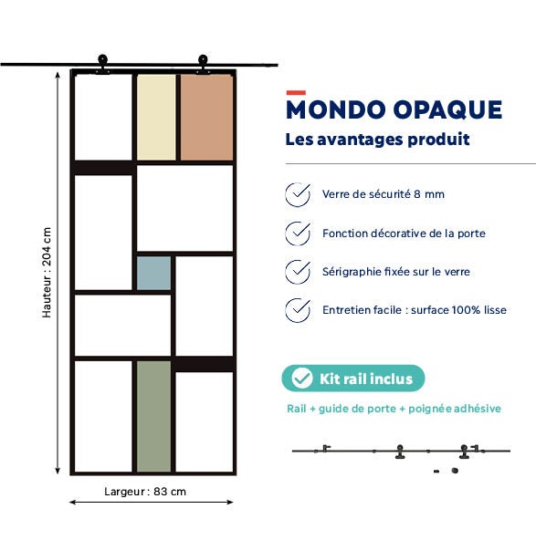 KIT Porte coulissante en verre + Rail coulissant - MONDO OPAQUE - H. 204 x L. 83 - Fabrication Française AURYS NORMANDIE - 2
