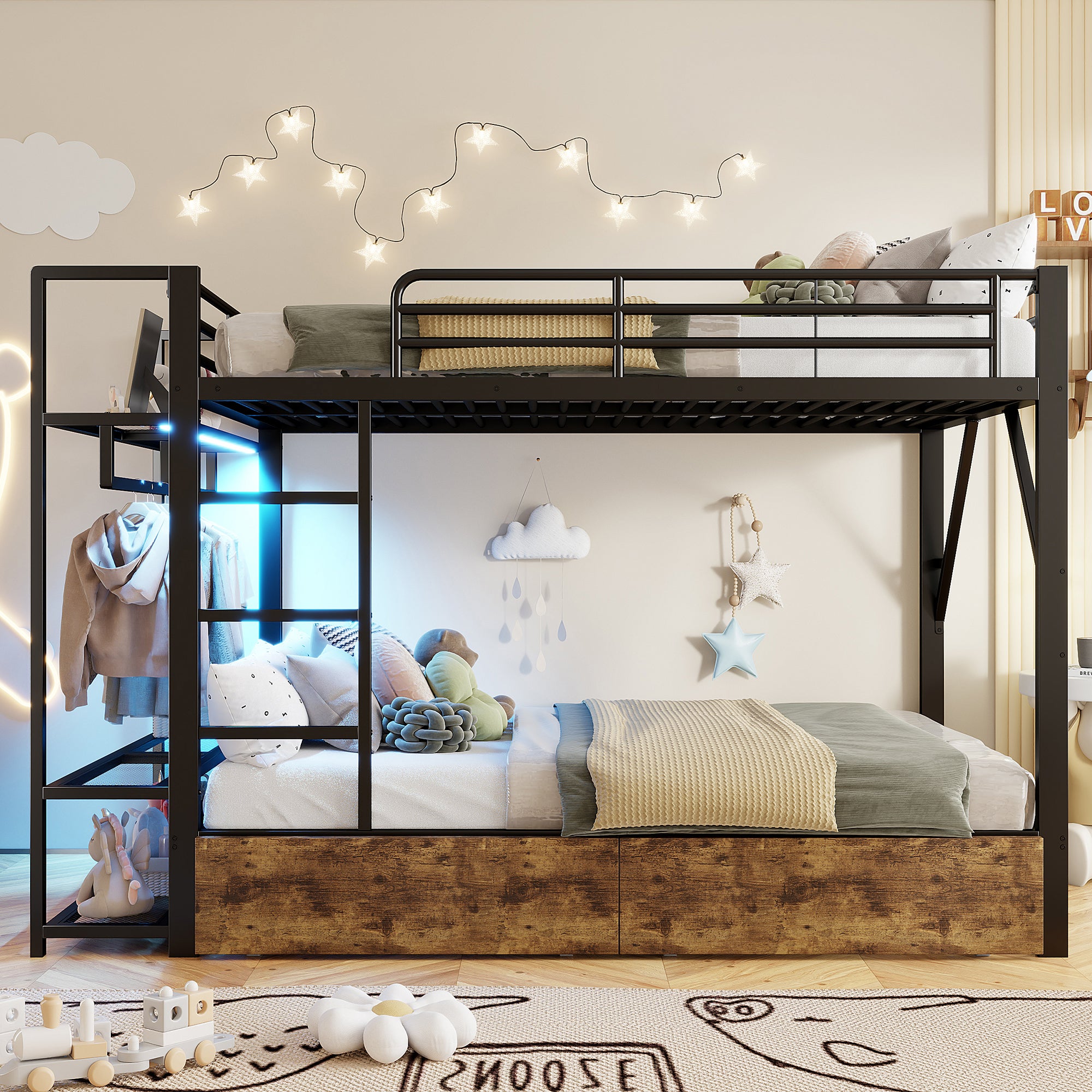 Lit Mezzanine 140x200 cm Étagère avec LED, Cadre de lit Noir avec Tablettes et Porte-Vêtements Métallique, Lit superposé avec 2 Tiroirs, sans Matelas - 3