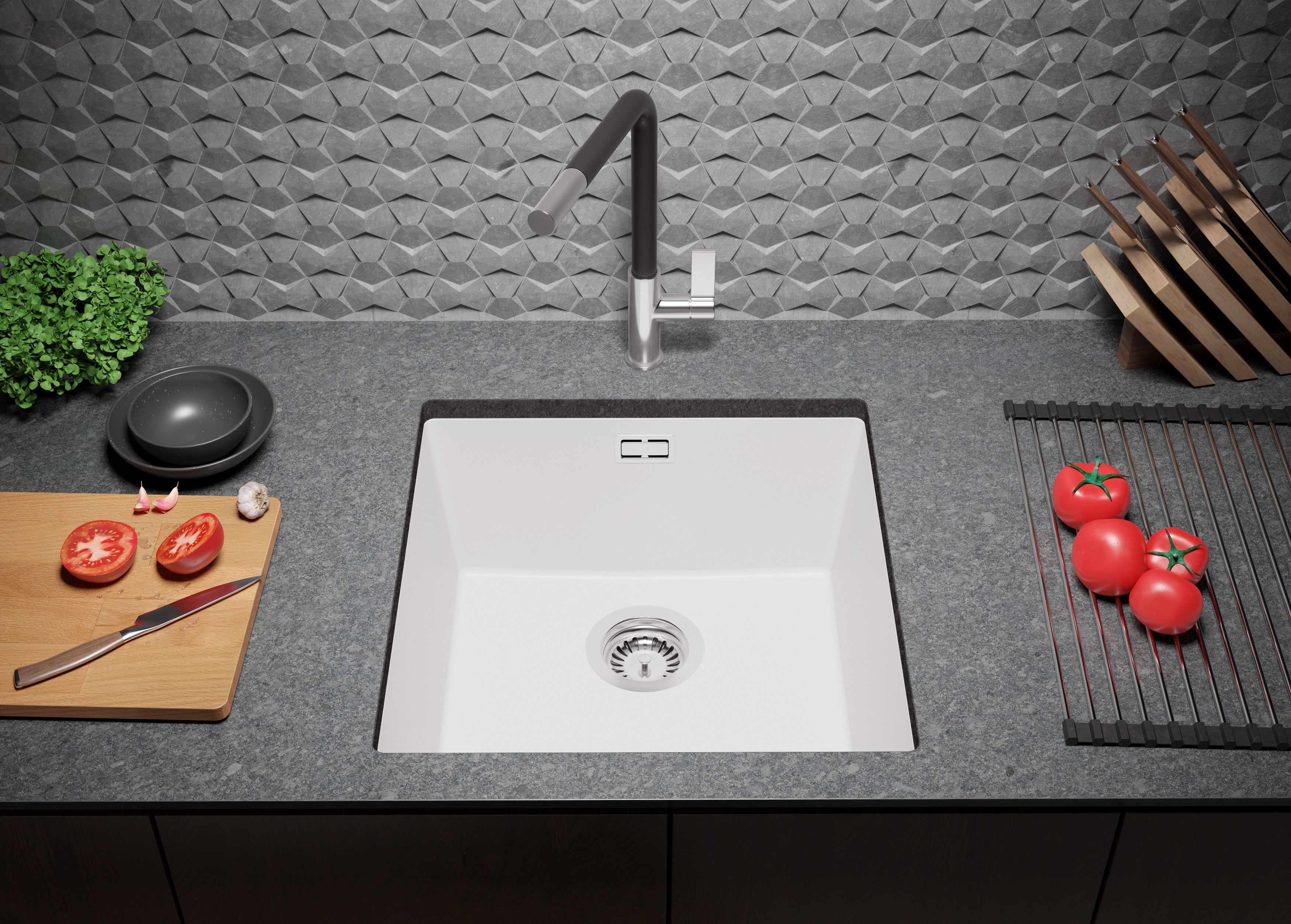 Lavandino sottotop Bianco 46x47cm, Lavello in Granito a 1 vasca + Sifone Classico + Accessori, Lavabo da Cucina al mobile 50cm - London PRIMAGRAN - 3