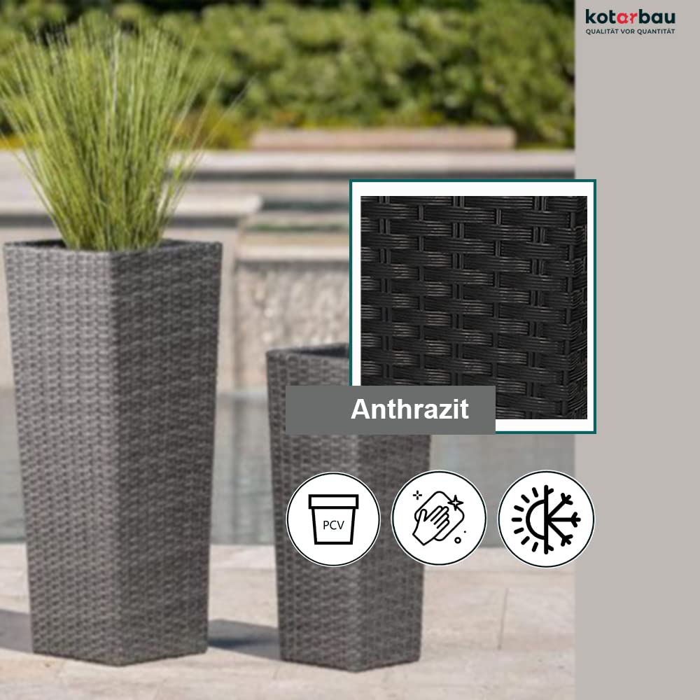 Pot de Fleurs Carré 170 x 170 x 324 mm - Design Rotin - Avec Pot Intérieur Anthracite - KOTARBAU - 5