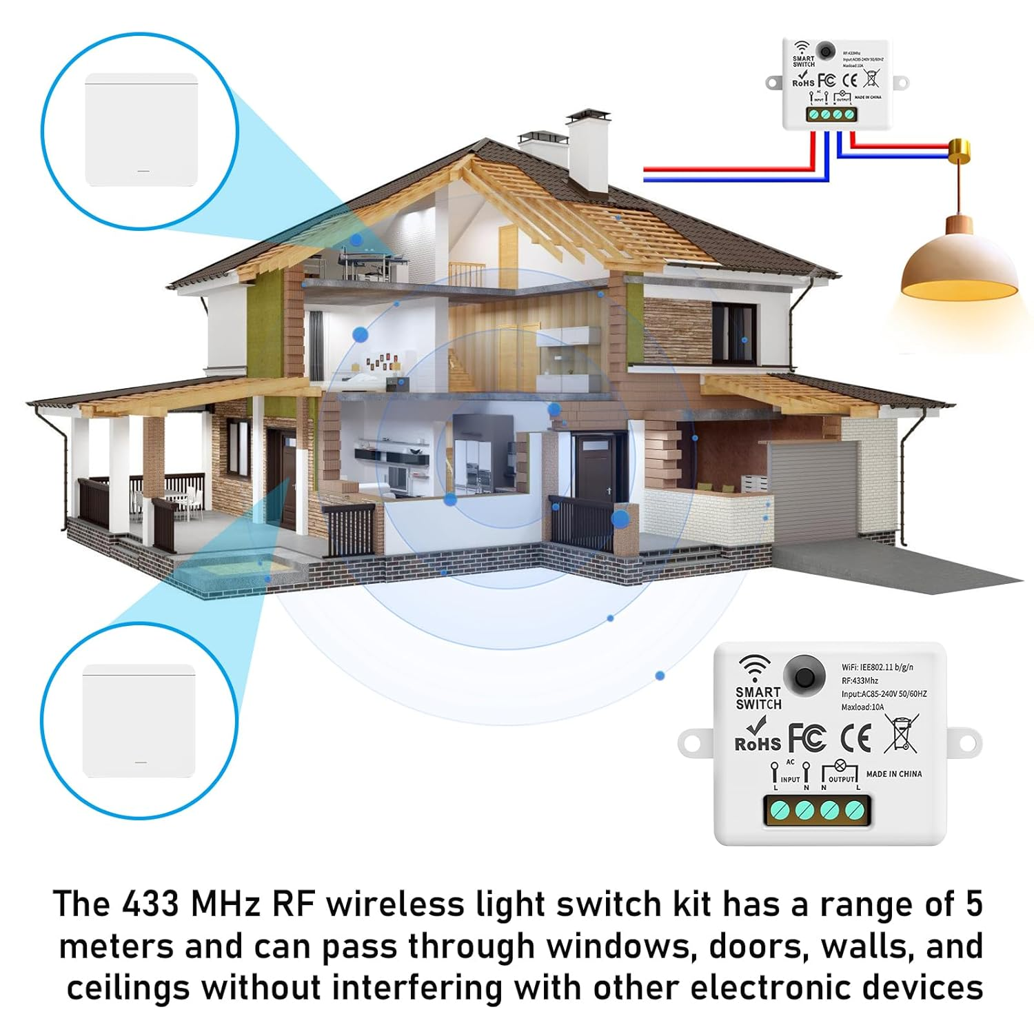 Interrupteur sans fil avec récepteur, 433 MHz, AC85-265 V, interrupteur va-et-vient sans fil, interrupteur d'éclairage sans fil, aucun câblage requis - 7