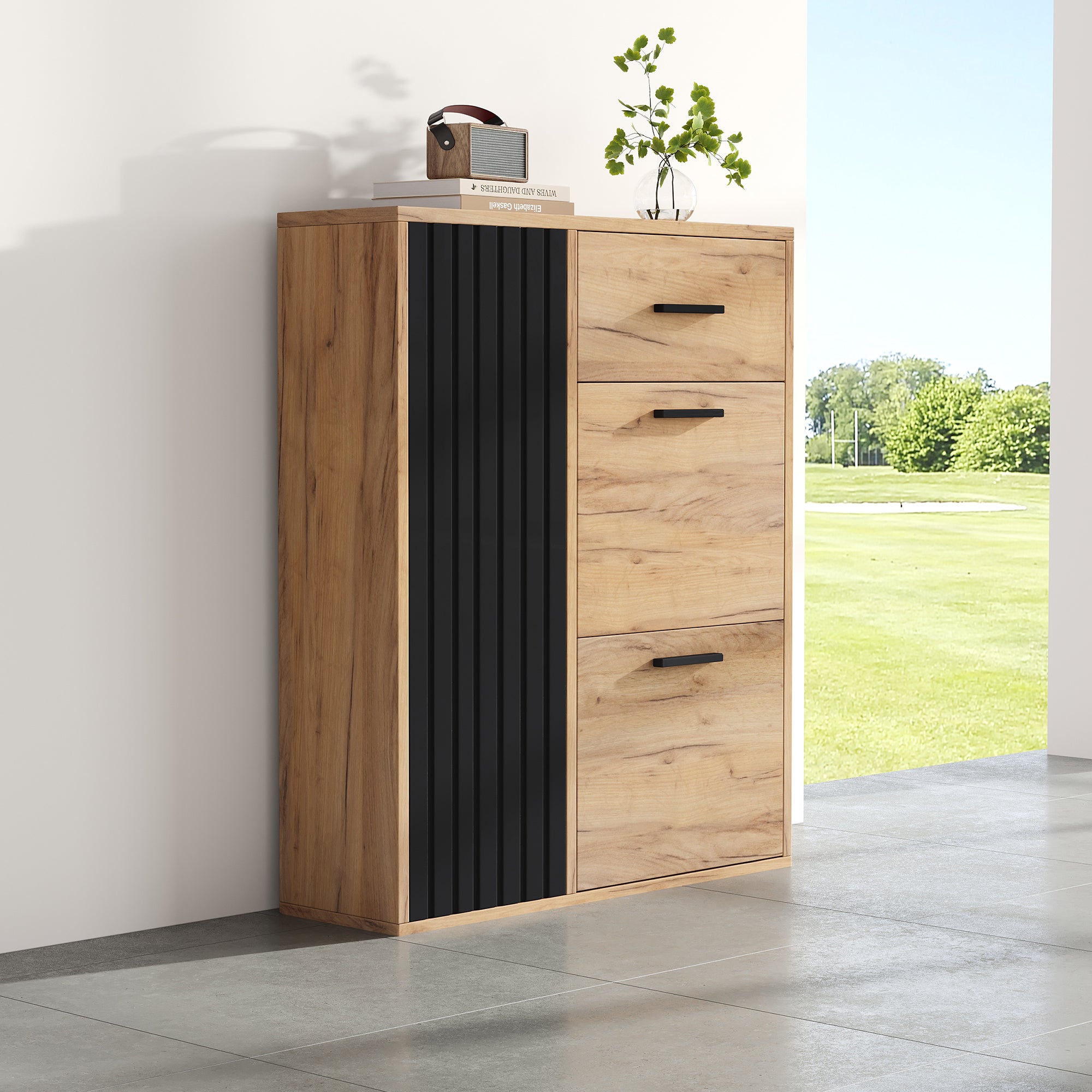 Scarpiera con 3 ante e 1 cassetto - 80 x 24 x 95,5 cm - Truciolato - Naturale + nero - 8