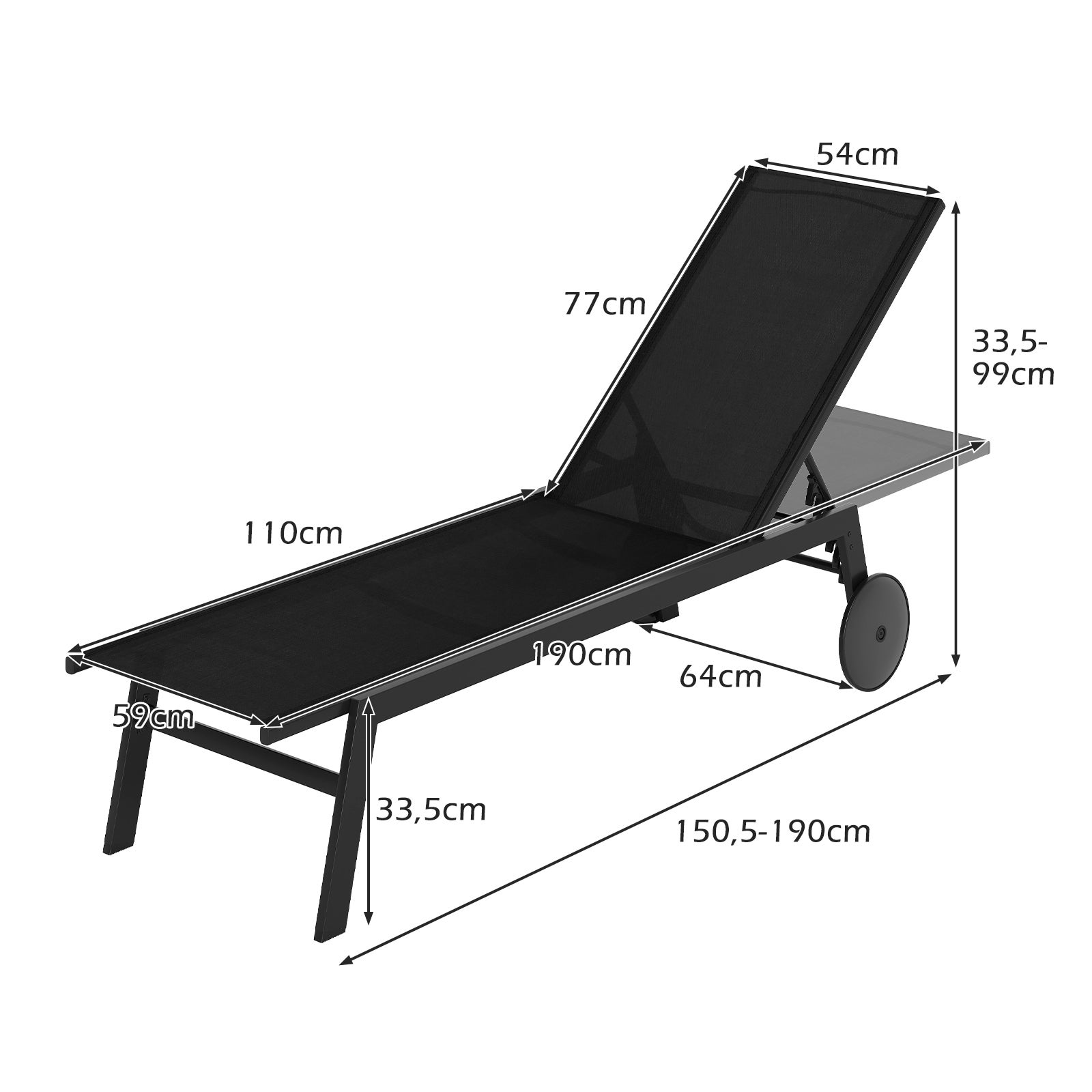 Tumbona de jardín para exterior en tejido transpirable, 64 x 190 x 33,5-99 cm, respaldo reclinable de 6 posiciones, cama solar móvil con 2 ruedas - 3