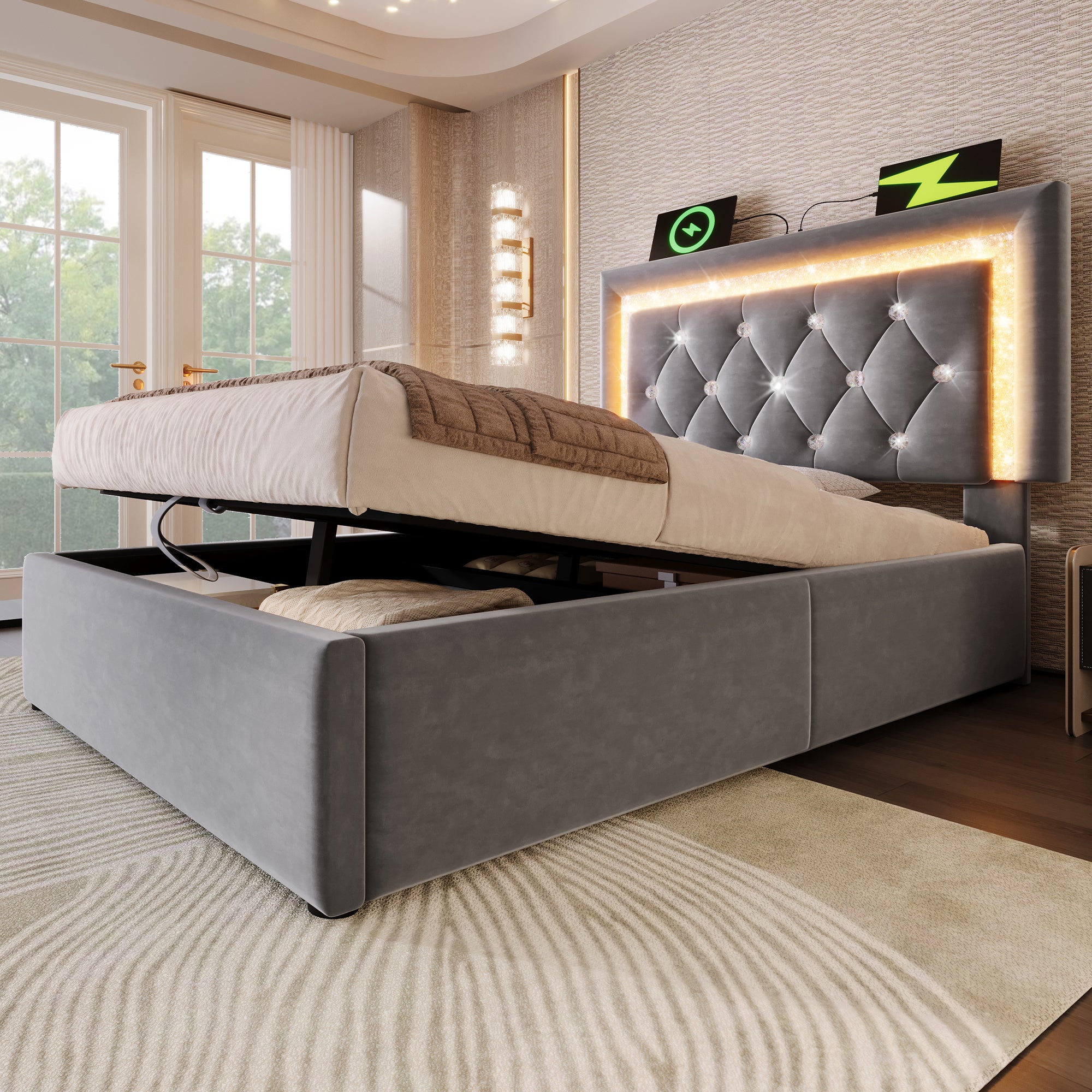 Łóżko z pojemnikiem na pościel 90 x 200 cm i zagłówkiem - Tkanina aksamitna - Diody LED - Porty USB i typu C - Szare (Materac nie jest dołączony) - 9