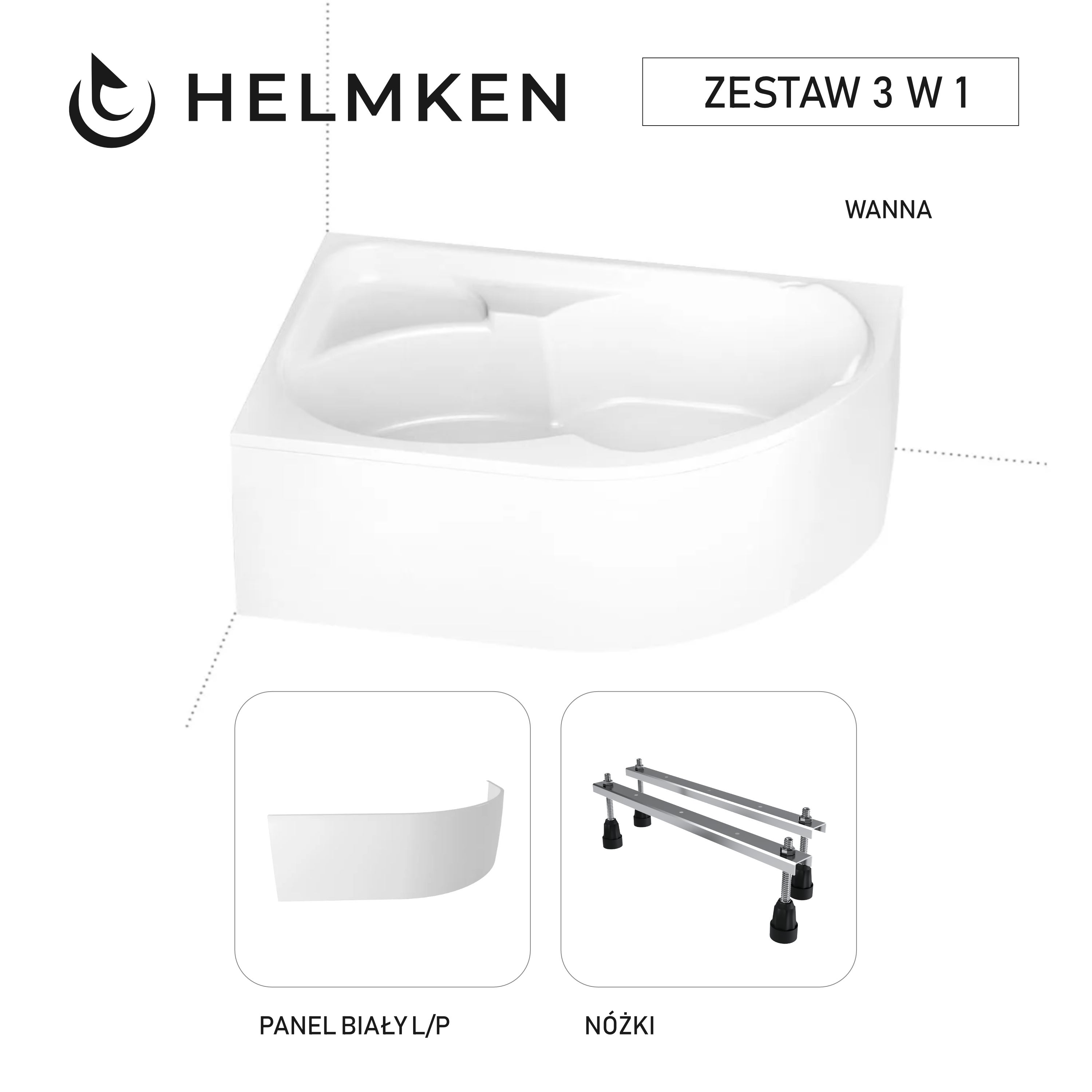 Wanna narożna Helmken Geneva 170x105 Lewa z akrylu lanego Wzmocniona + Panel biały + Nóżki / 3503170LZW