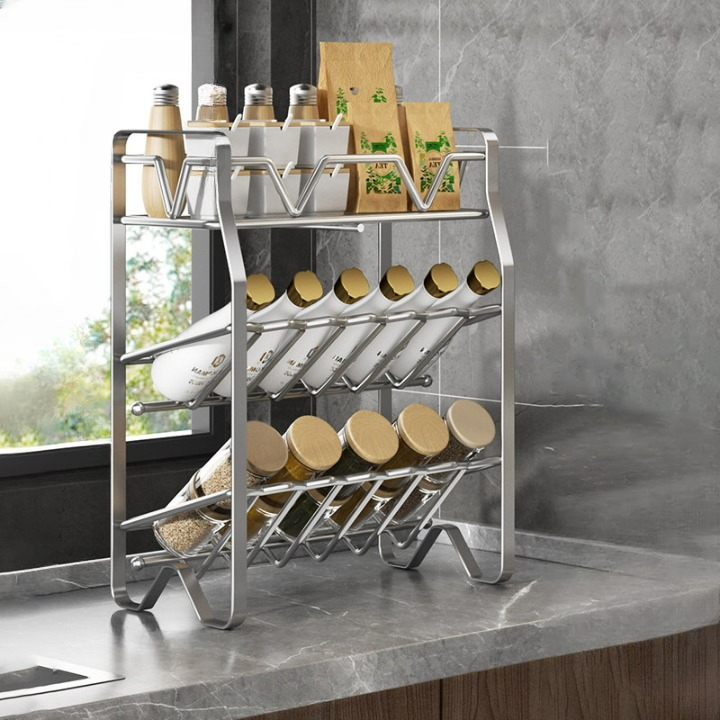 Półka na przyprawy, uchwyt na przybory kuchenne, półka wielopoziomowa, nie wymaga montażu, 40×30×15 cm – srebrna