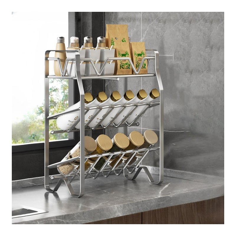 Półka na przyprawy, uchwyt na przybory kuchenne, półka wielopoziomowa, nie wymaga montażu, 40×30×15 cm – srebrna