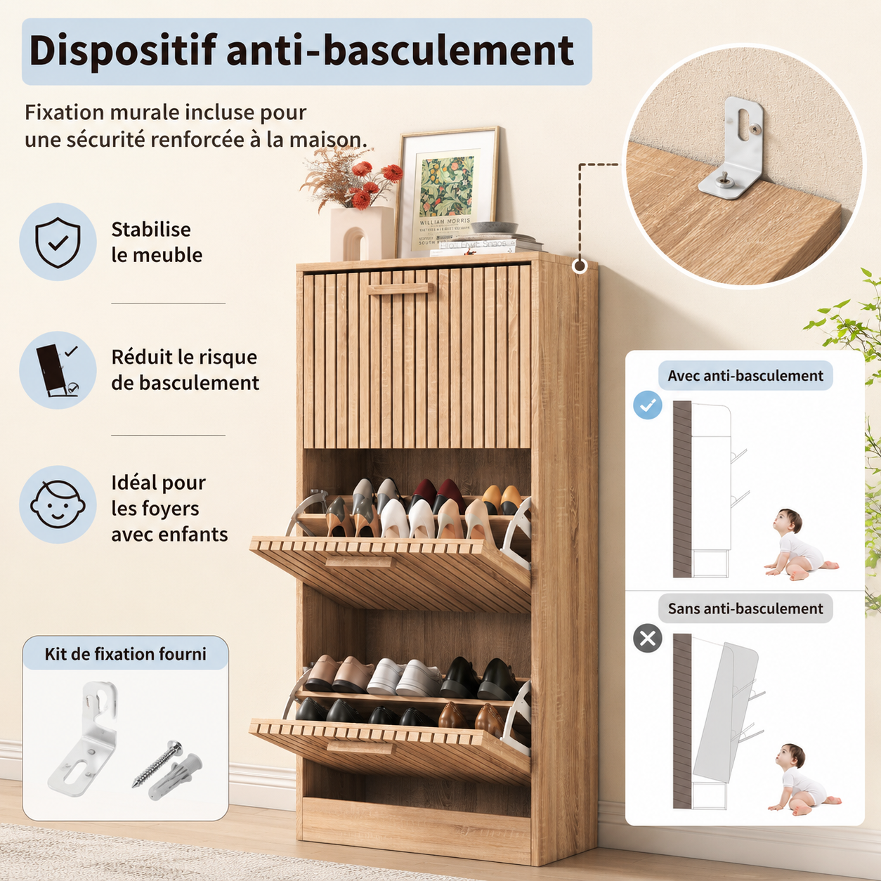 Meuble à chaussures avec 3 abattants avec portes à lamelles, armoire à chaussures slim anti-basculement pour 16 à 24 paires, 60 x 24 x 113. - 5
