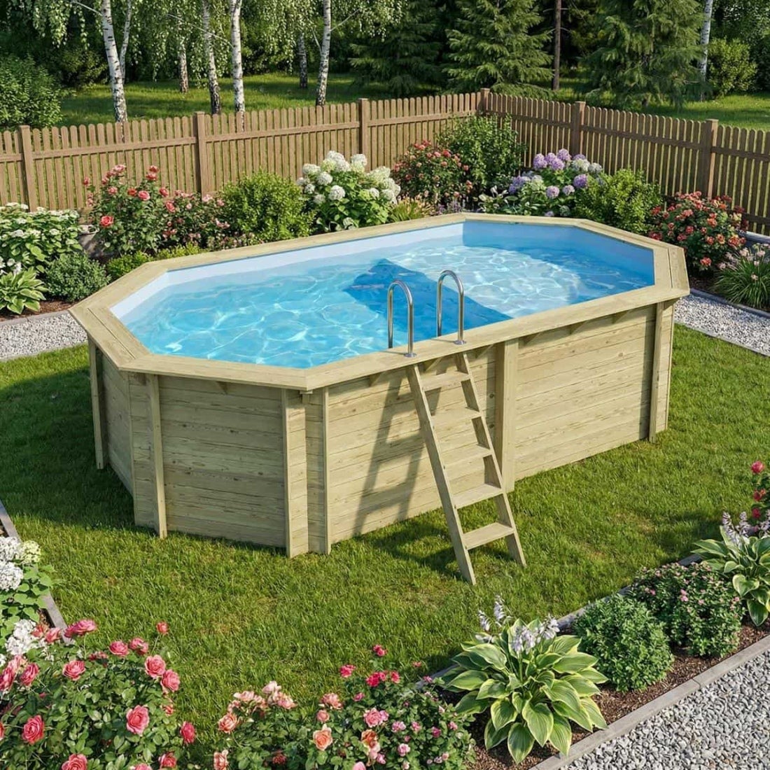 Piscină supraterană din lemn NEMO 5,79 x 3,49 – H. 1,45 m, cu terasă, albastru deschis, elemente de fixare cu șuruburi – BAS7304OSPL+PLA304